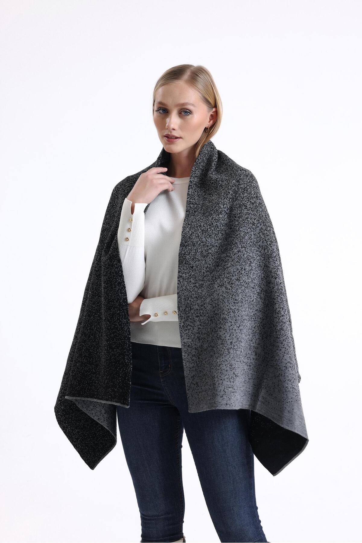 T-Crazy Knitwear Degrade Desen Çift Katlı ve Çift Yüzlü Triko Örme Omuz Şalı