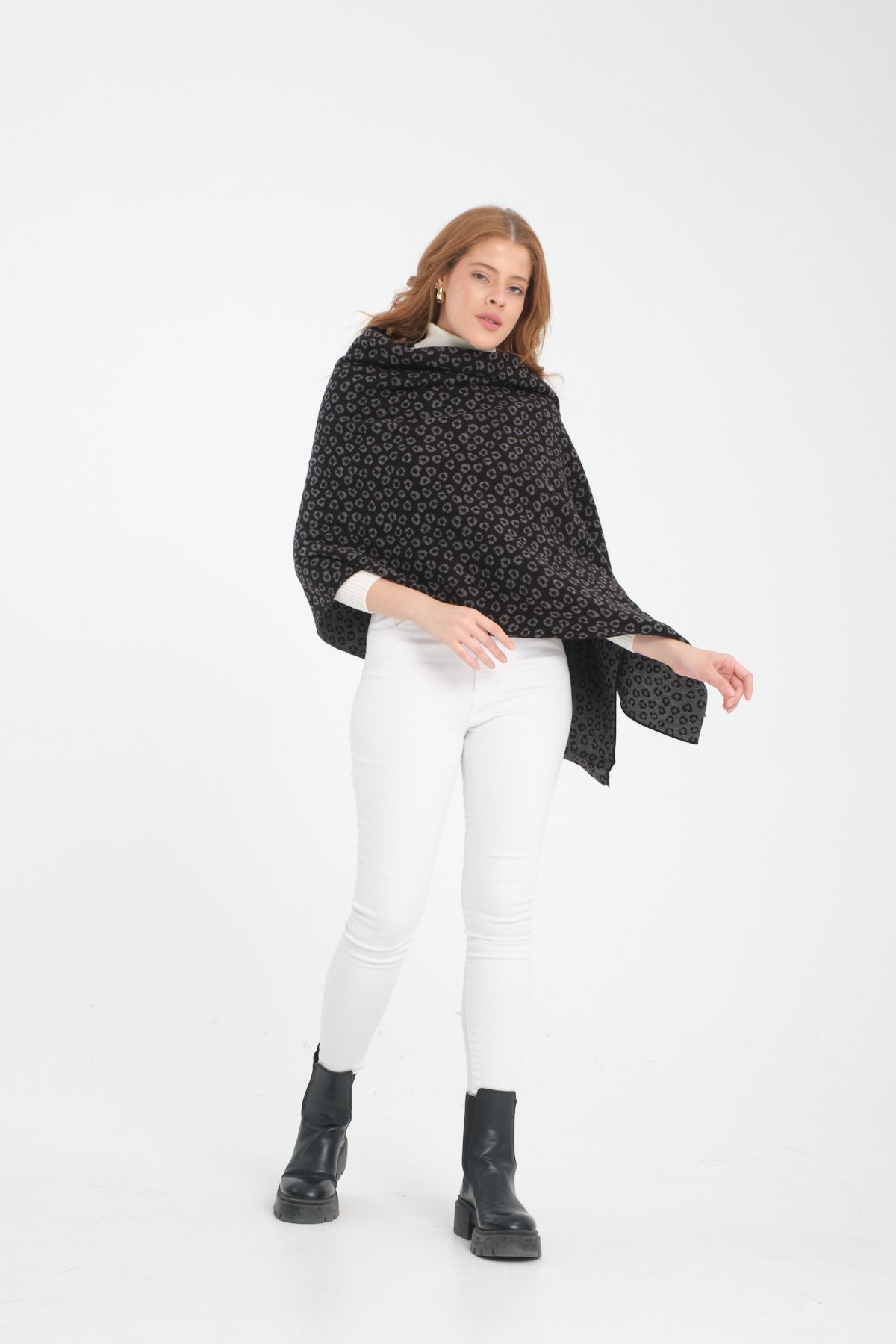 T-Crazy Knitwear Leopar Desen Kışlık Triko Şal, Çift Katlı ve Çift Taraflı Triko Örme Omuz Şalı