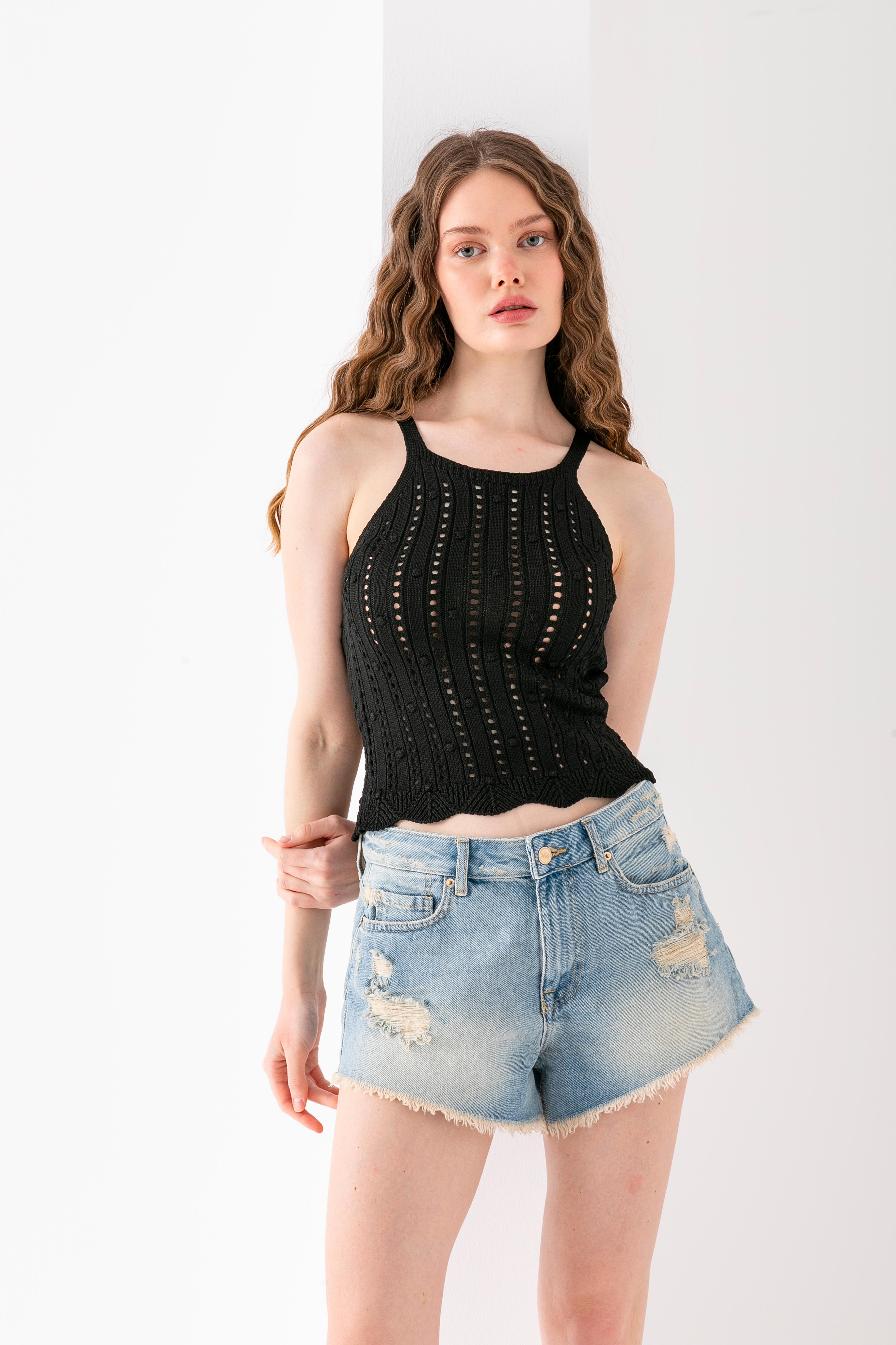 T-Crazy Halter Yaka ponpon Örgü Askılı Şık Crop, Nefes Alabilir Dokuma Crop, Kısa Dokuma Bluz, Triko Crop Top.