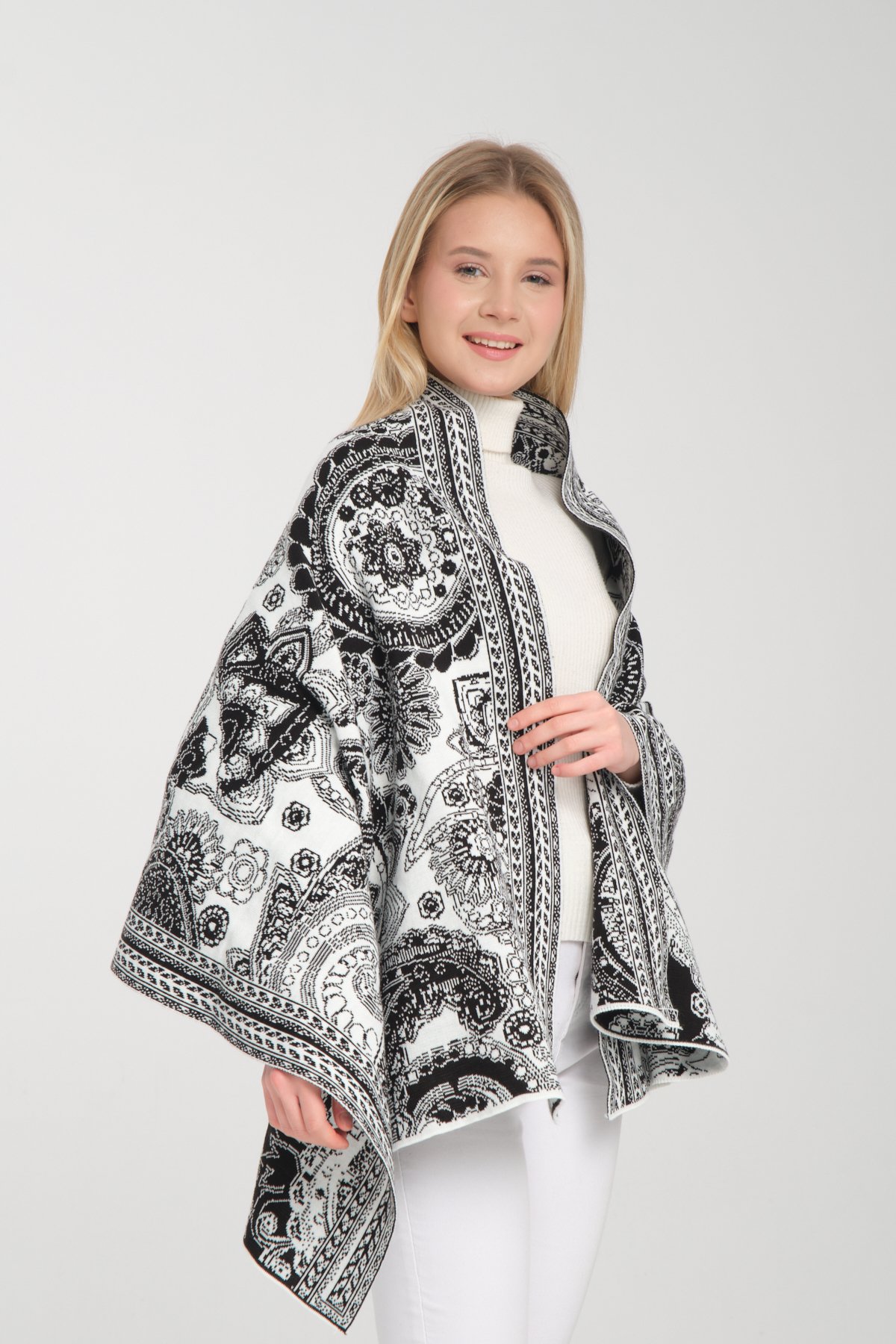 T-Crazy Knitwear Etnik Desen Kışlık Triko Şal, Çift Katlı ve Çift Taraflı Triko Örme Omuz Şalı