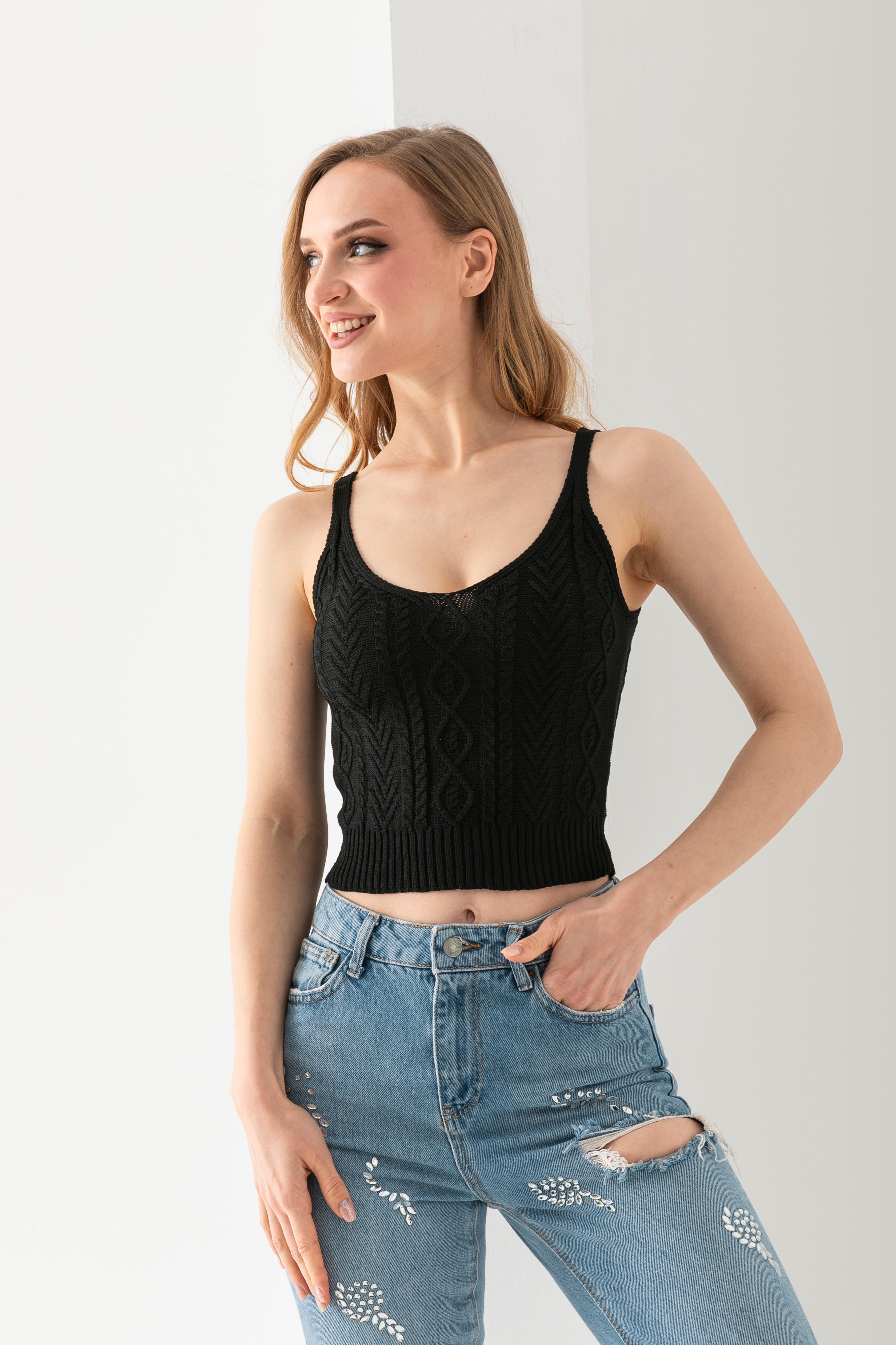 T-Crazy Örgü Desen Askılı Şık Crop, Nefes Alabilir Dokuma Crop, Kısa Dokuma Bluz, Triko Crop Top.