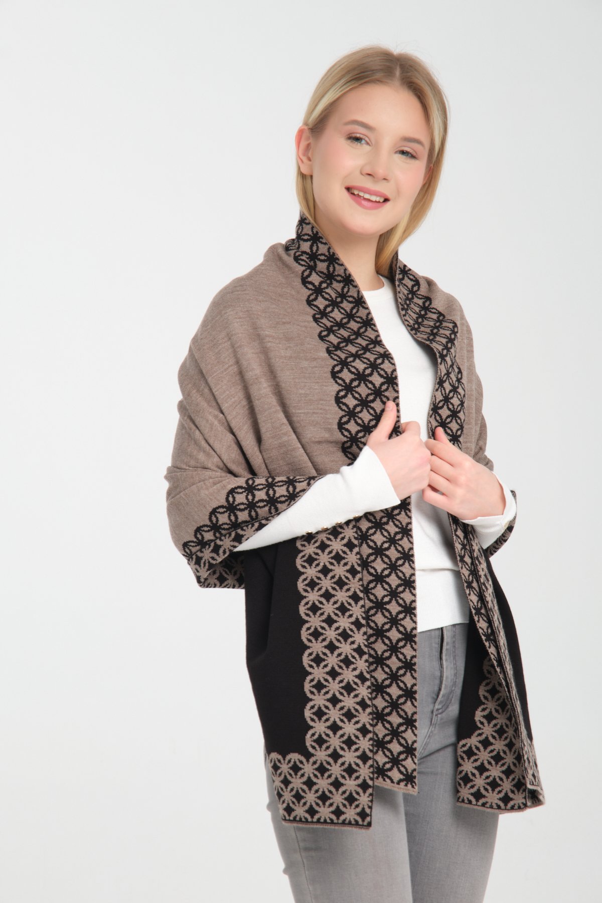 T-Crazy Knitwear Bohem Desen Kışlık Triko Şal, Çift Katlı ve Çift Taraflı Triko Örme Omuz Şalı