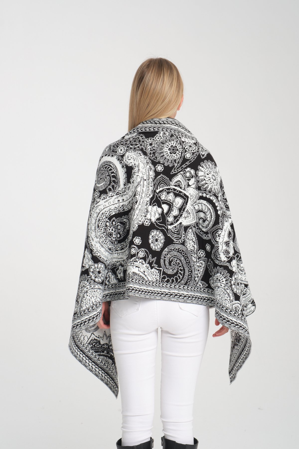 T-Crazy Knitwear Etnik Desen Kışlık Triko Şal, Çift Katlı ve Çift Taraflı Triko Örme Omuz Şalı