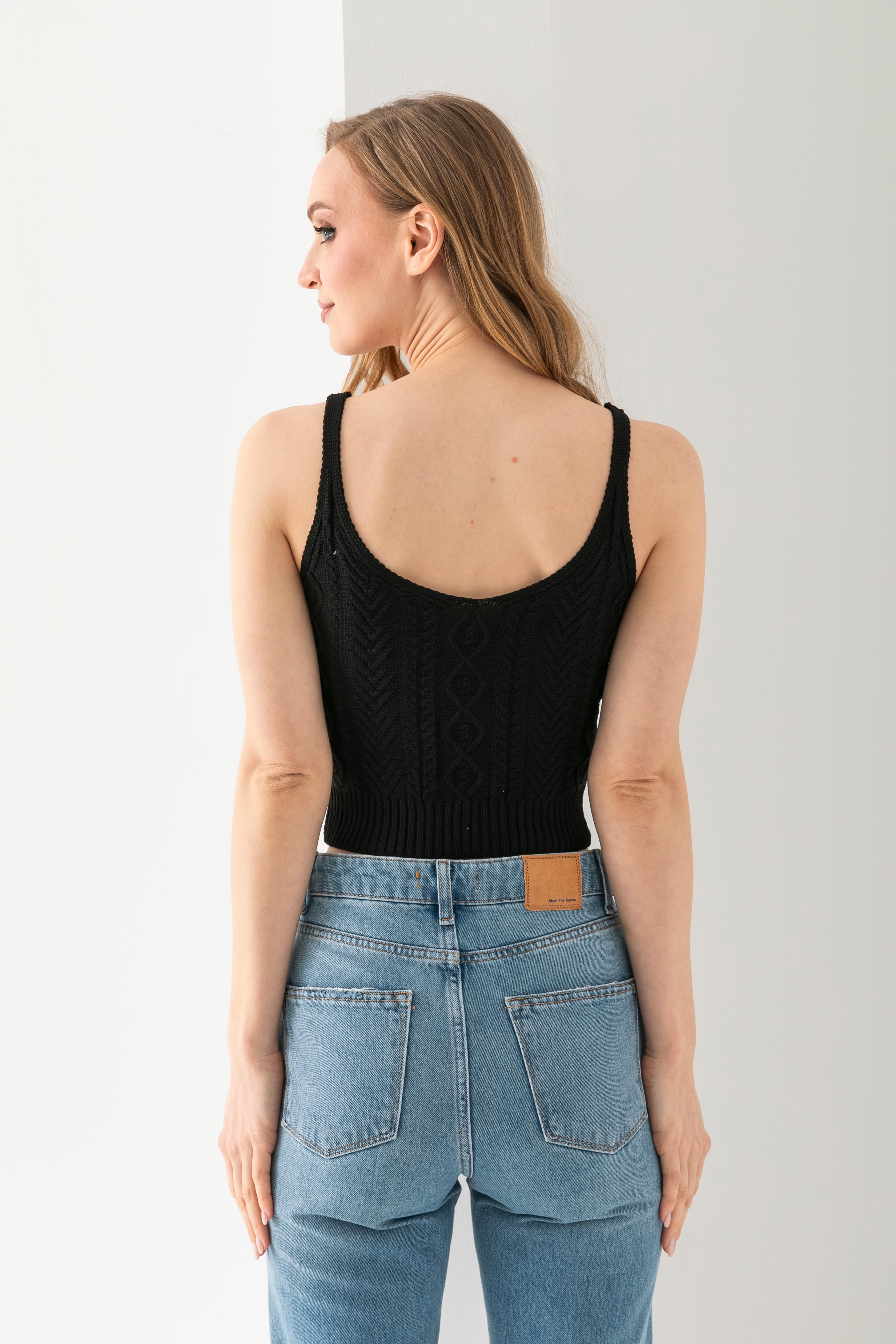 T-Crazy Örgü Desen Askılı Şık Crop, Nefes Alabilir Dokuma Crop, Kısa Dokuma Bluz, Triko Crop Top.