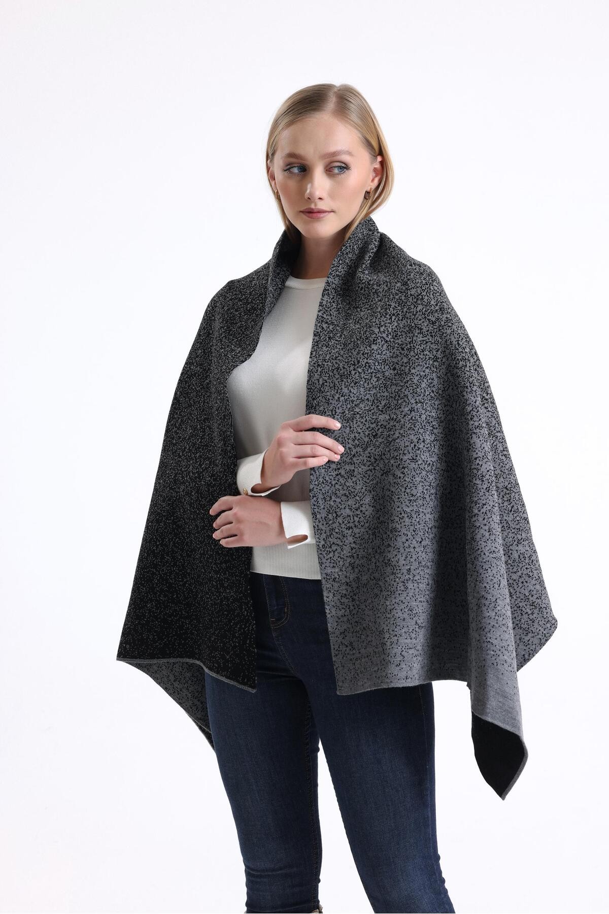 T-Crazy Knitwear Degrade Desen Çift Katlı ve Çift Yüzlü Triko Örme Omuz Şalı