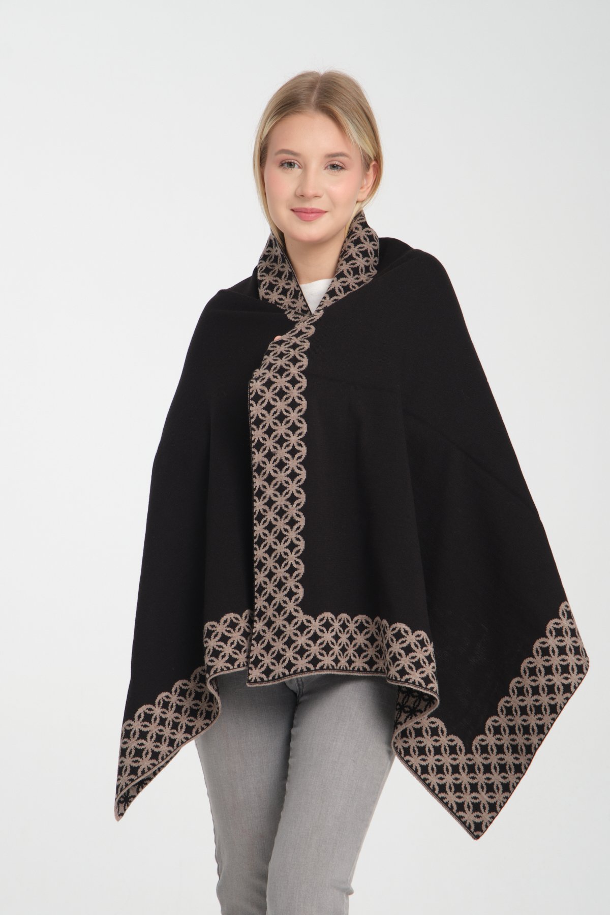 T-Crazy Knitwear Bohem Desen Kışlık Triko Şal, Çift Katlı ve Çift Taraflı Triko Örme Omuz Şalı