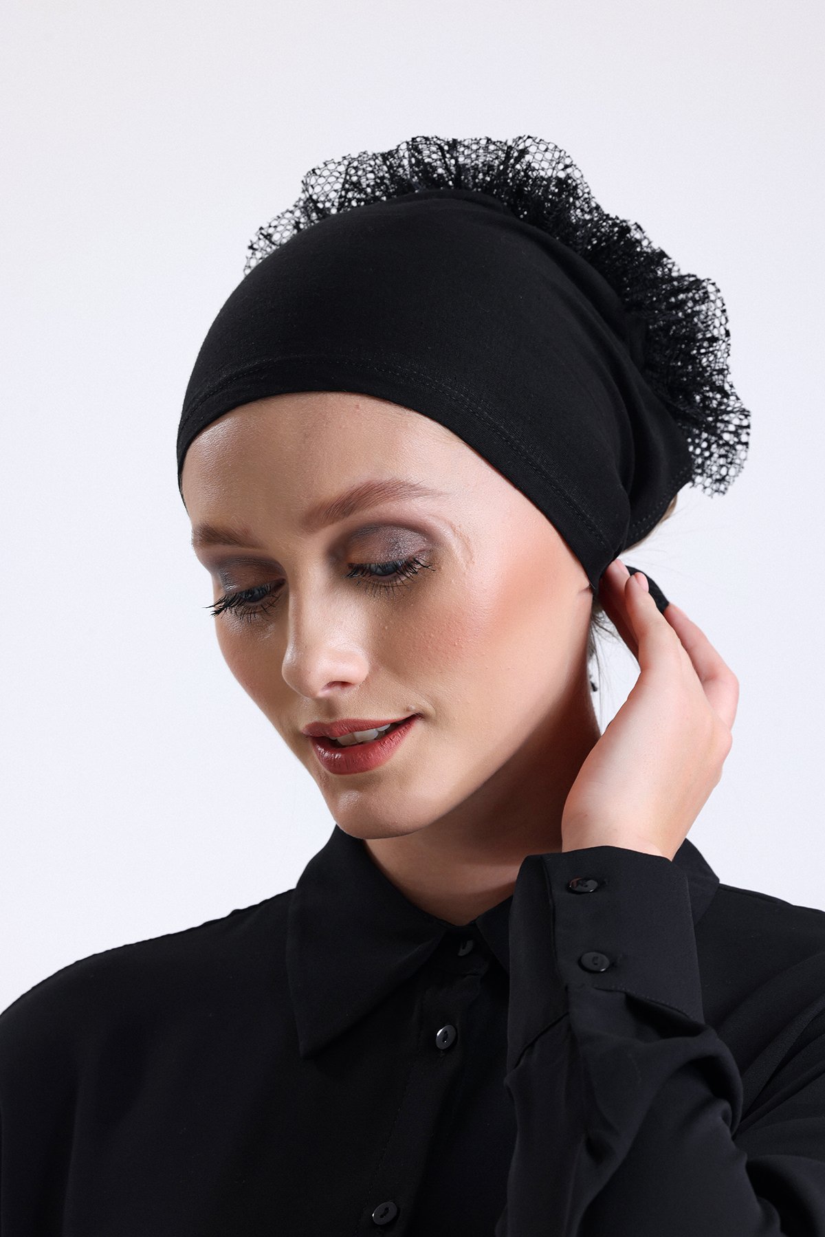 T-Crazy Dantel Topuzlu Bone, Tesettür Fırfırlı Bone, Fırfırlı Dikişili Arkadan Bağlamalı İç Bone 