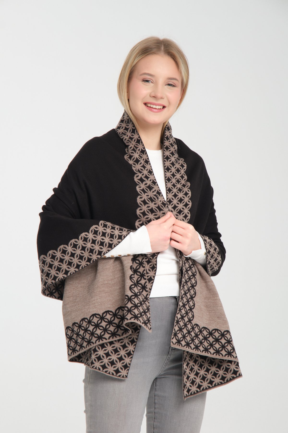 T-Crazy Knitwear Bohem Desen Kışlık Triko Şal, Çift Katlı ve Çift Taraflı Triko Örme Omuz Şalı