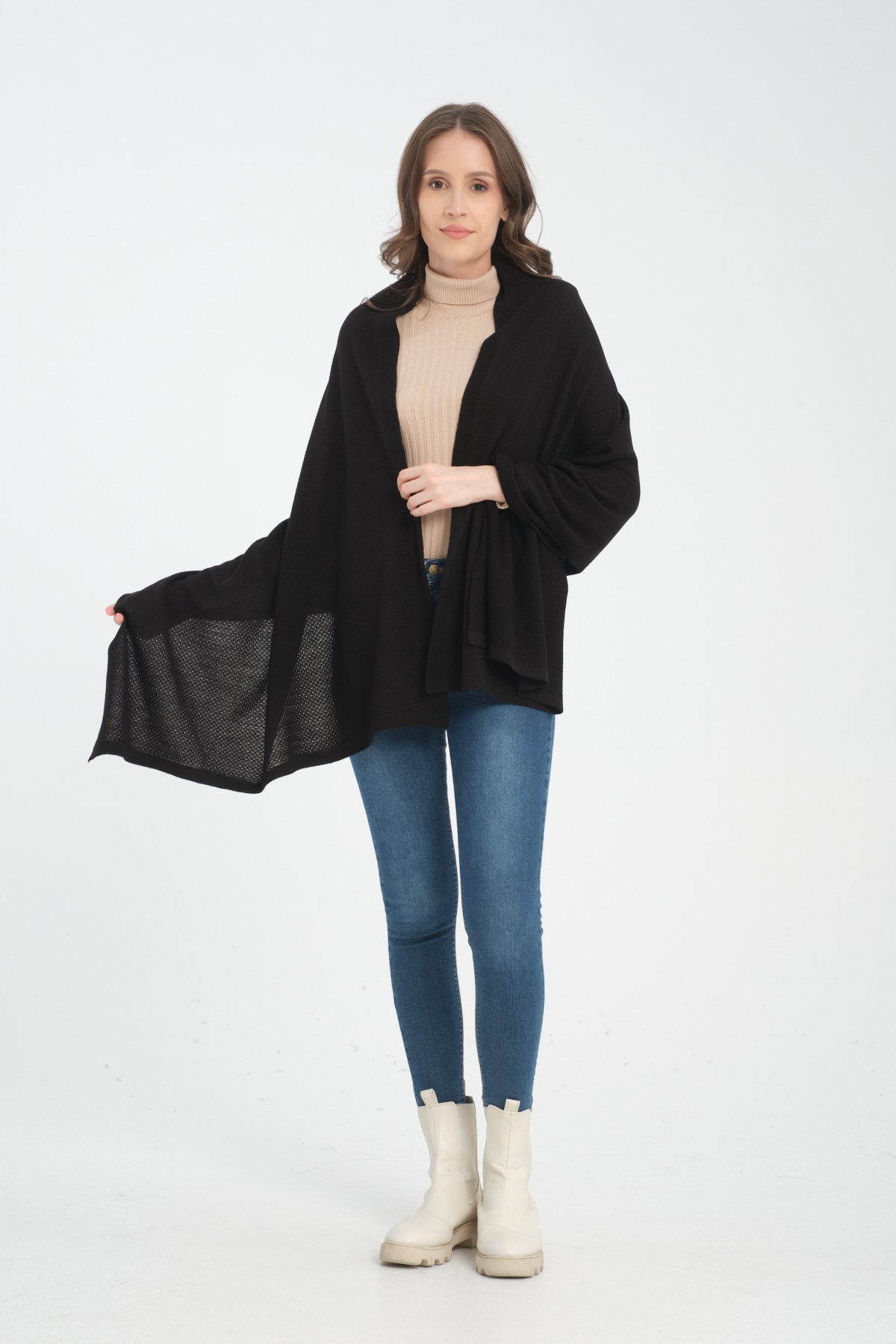 T- Crazy Knitwear Petek Desen Triko Omuz Şalı, Şık Yumuşak Dokulu Triko Örme Omuz Şalı