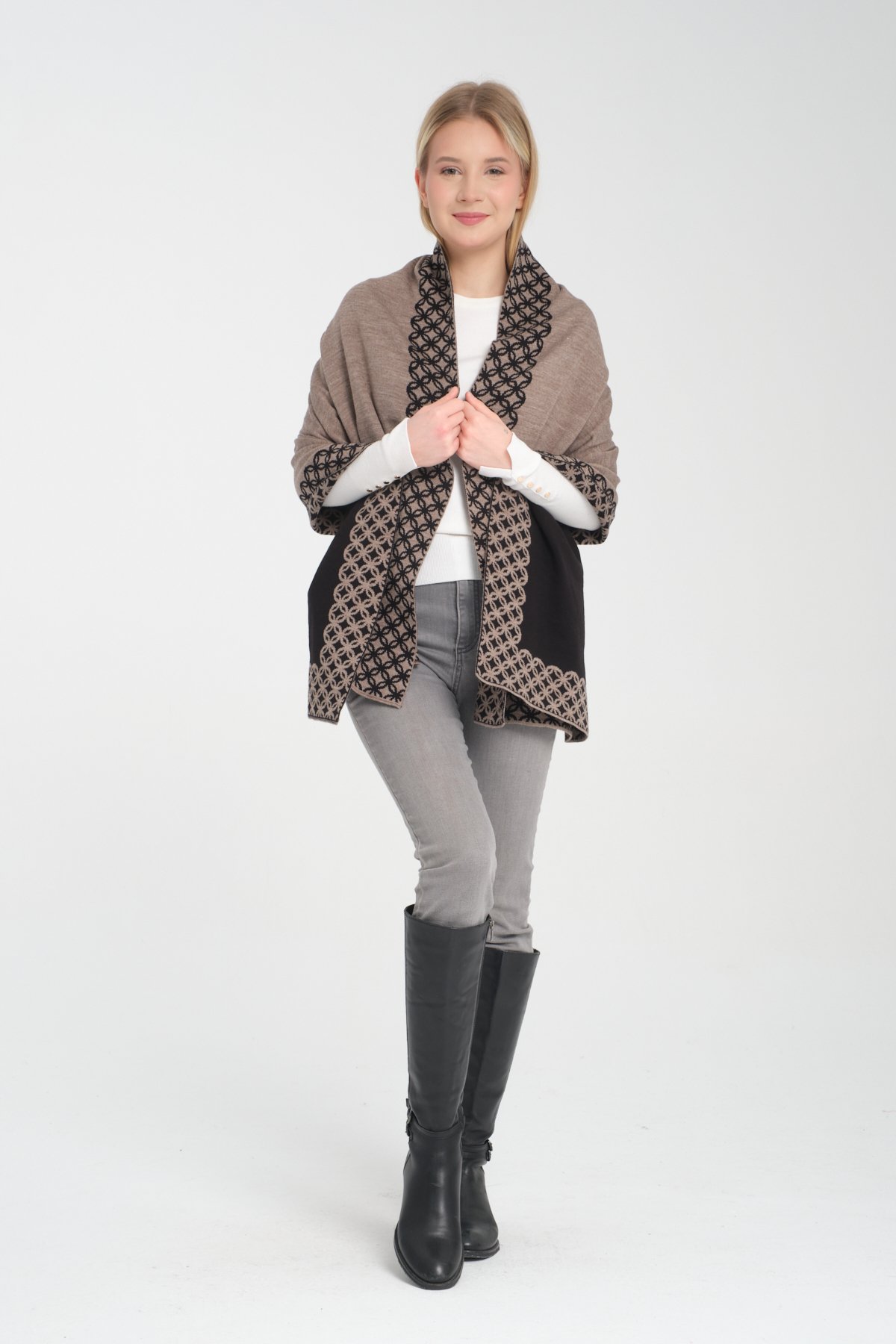 T-Crazy Knitwear Bohem Desen Kışlık Triko Şal, Çift Katlı ve Çift Taraflı Triko Örme Omuz Şalı