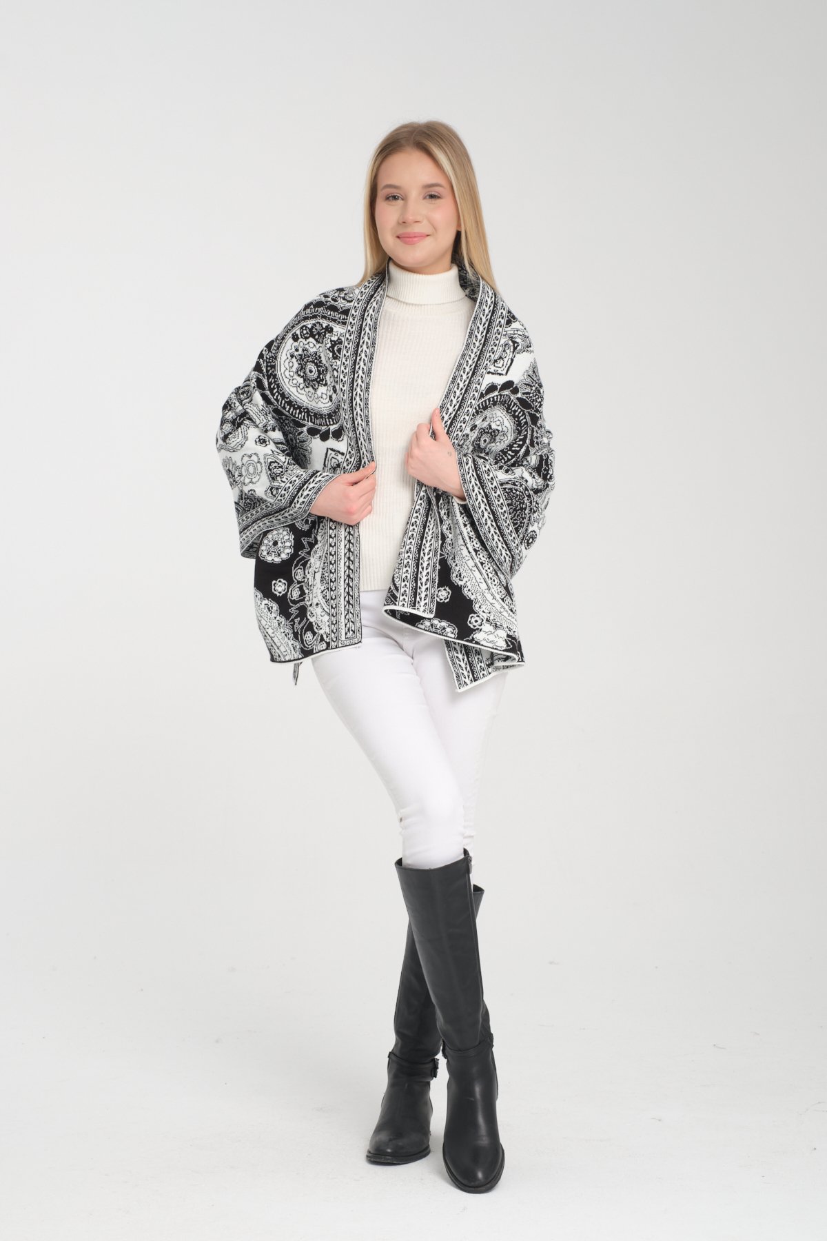 T-Crazy Knitwear Etnik Desen Kışlık Triko Şal, Çift Katlı ve Çift Taraflı Triko Örme Omuz Şalı