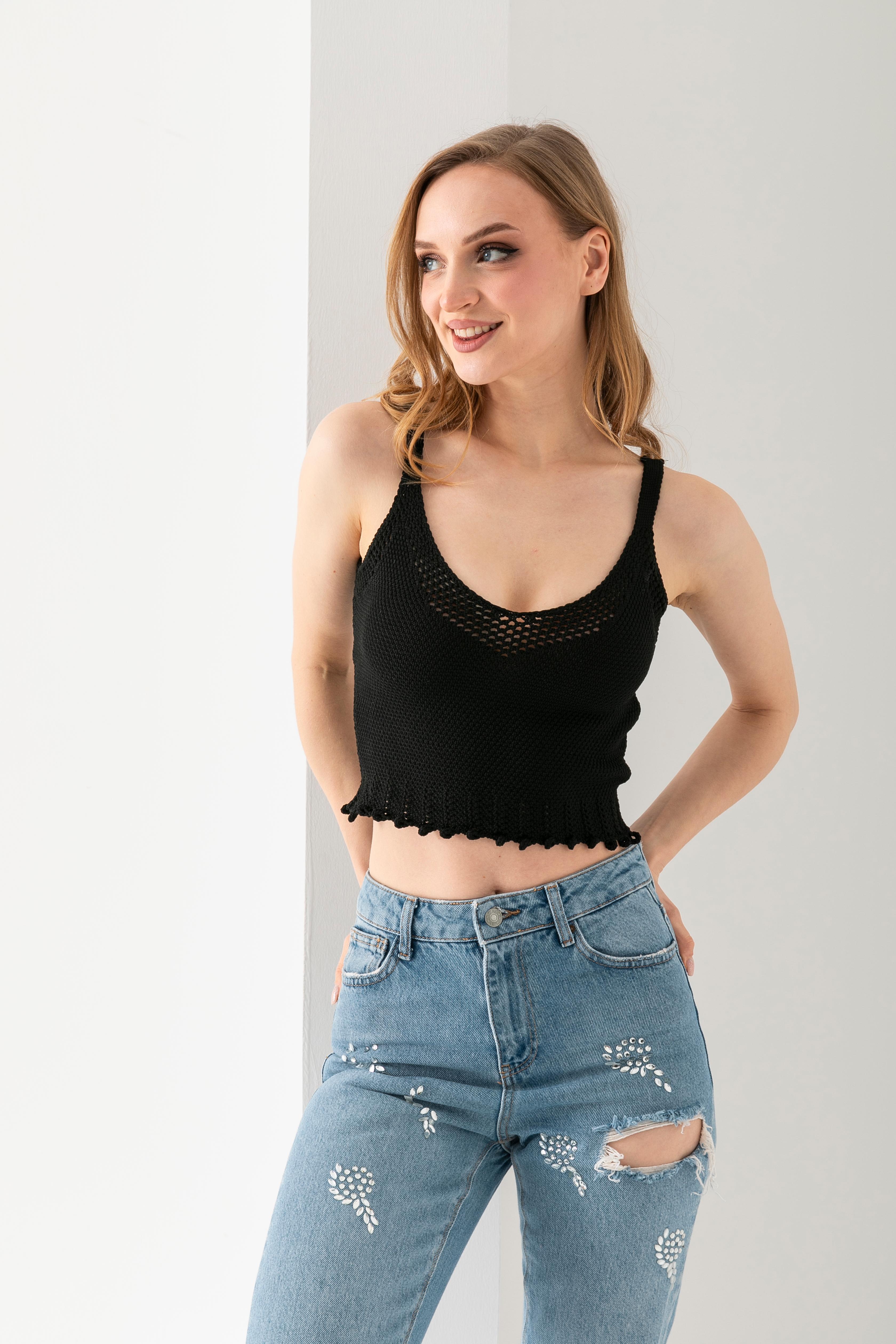 T-Crazy Düz Renk Askılı Şık Crop, Nefes Alabilir Dokuma Crop, Kısa Dokuma Bluz, Triko Crop Top.
