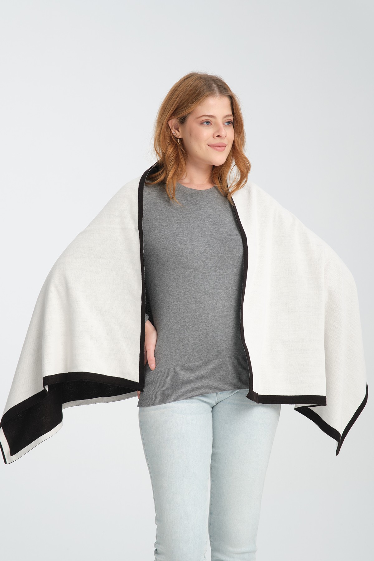 T-Crazy Knitwear Şerit Desen Kışlık Triko Şal, Çift Katlı ve Çift Taraflı Triko Örme Omuz Şalı