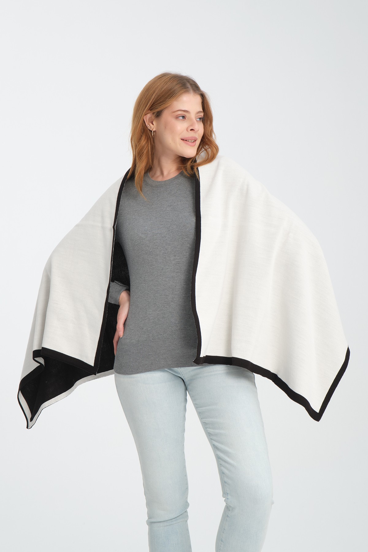 T-Crazy Knitwear Şerit Desen Kışlık Triko Şal, Çift Katlı ve Çift Taraflı Triko Örme Omuz Şalı