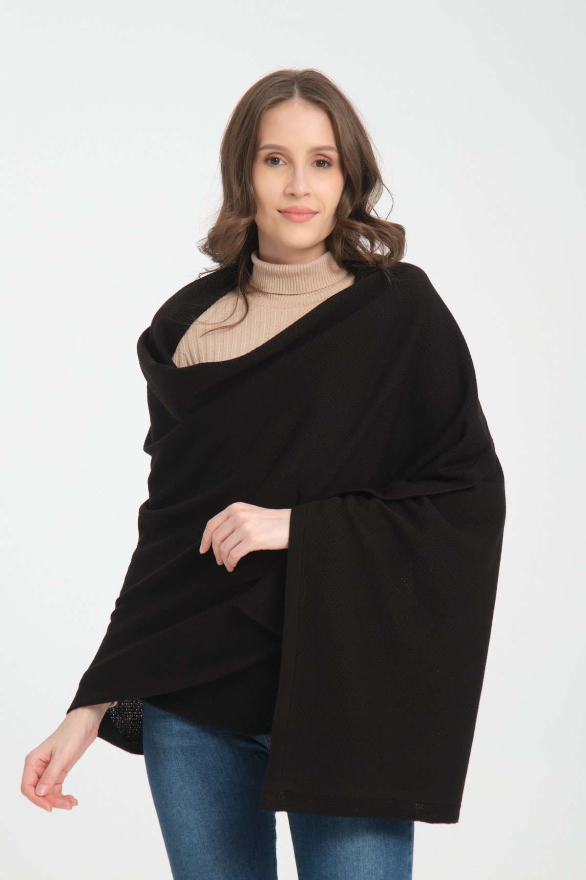 T- Crazy Knitwear Petek Desen Triko Omuz Şalı, Şık Yumuşak Dokulu Triko Örme Omuz Şalı