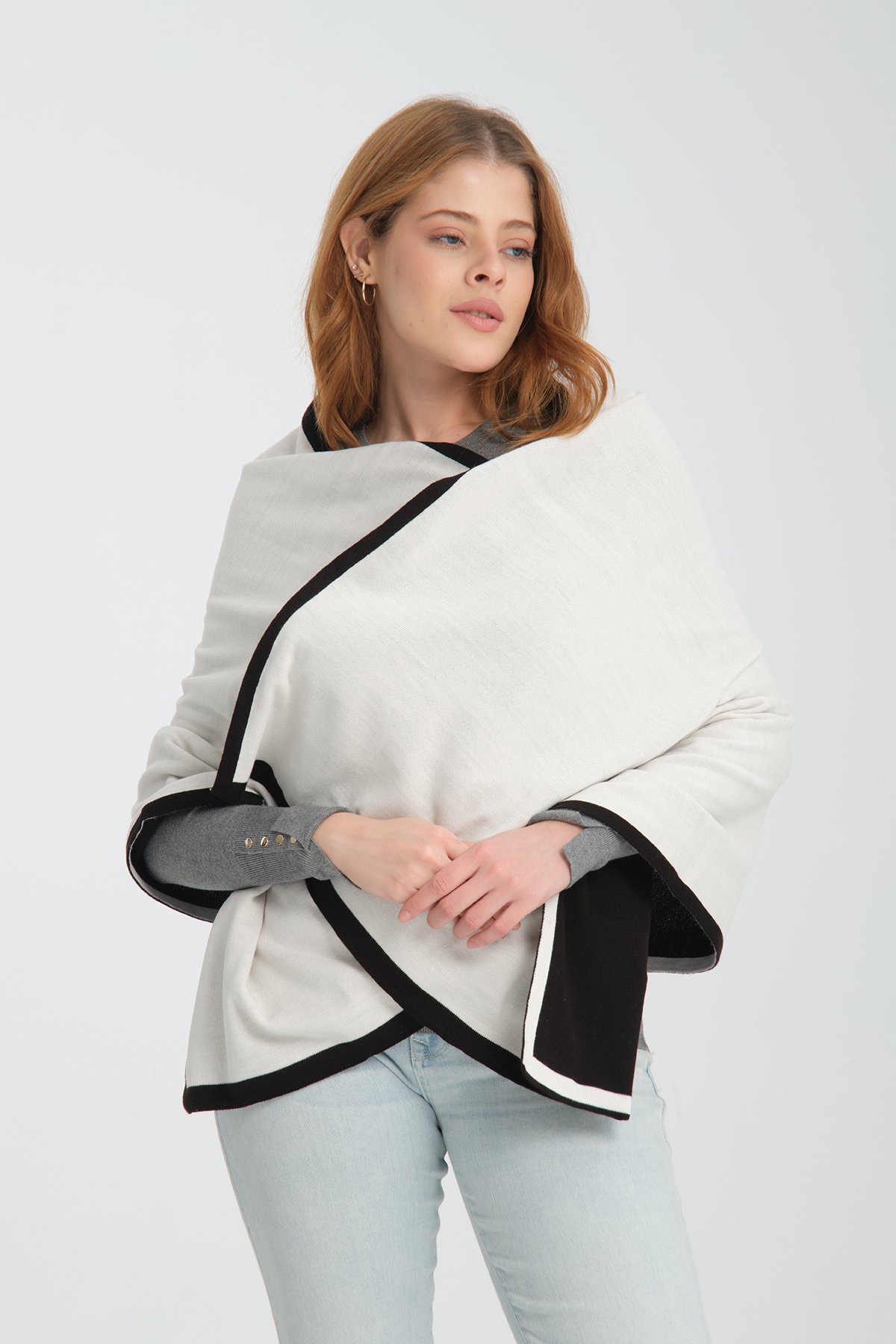 T-Crazy Knitwear Şerit Desen Kışlık Triko Şal, Çift Katlı ve Çift Taraflı Triko Örme Omuz Şalı