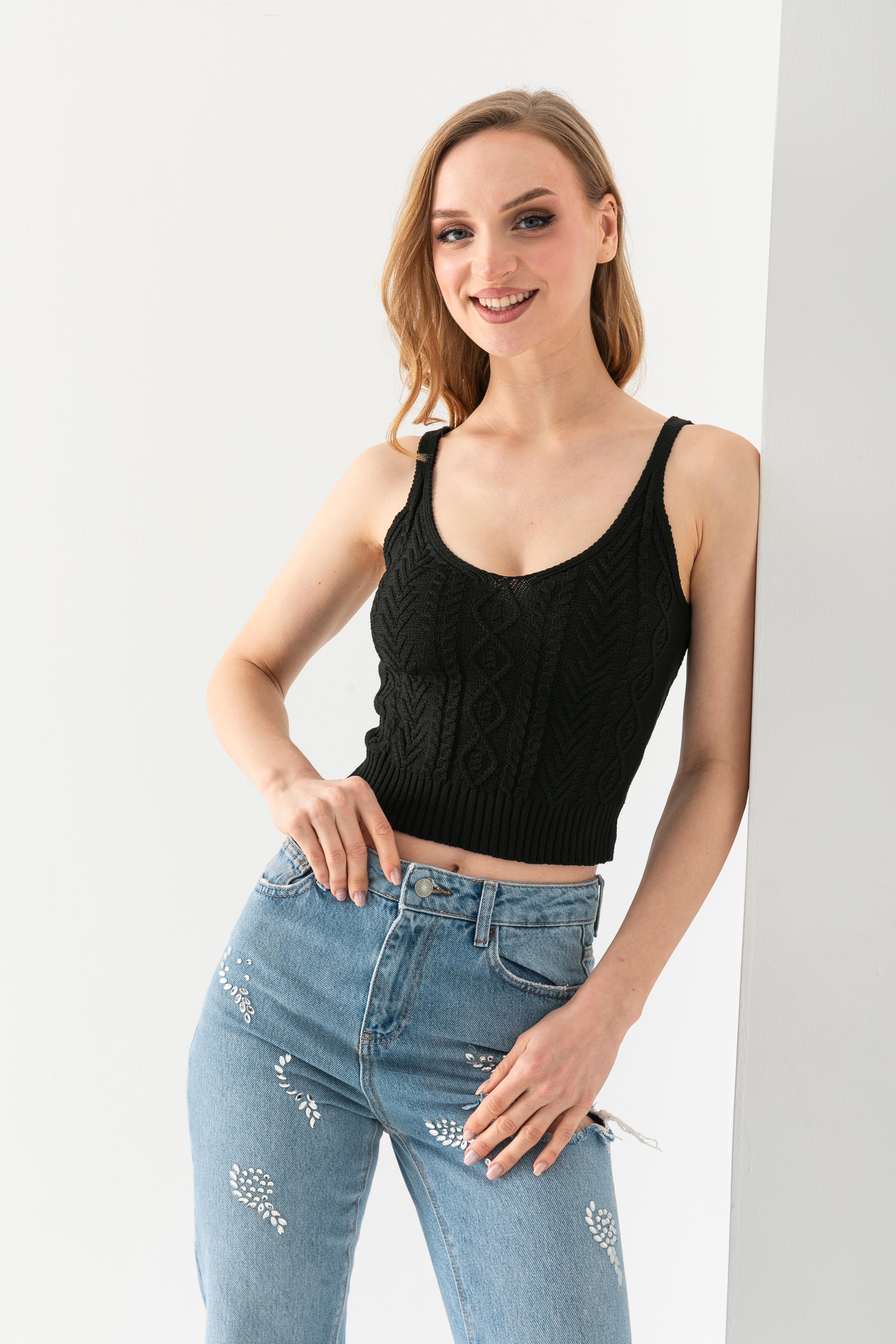 T-Crazy Örgü Desen Askılı Şık Crop, Nefes Alabilir Dokuma Crop, Kısa Dokuma Bluz, Triko Crop Top.