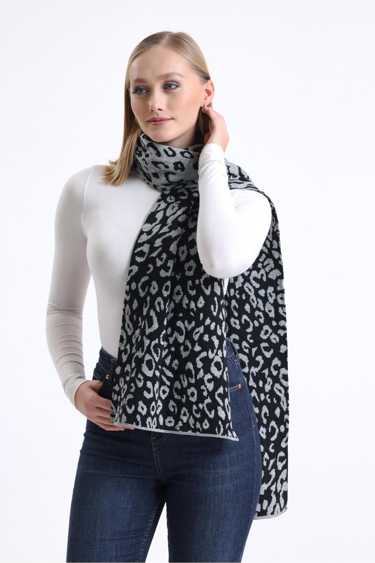 T-Crazy Knitwear Leopar Çift Yüzlü Atkı, Kışlık Yumuşak Dokulu Kaşkol, Triko Örme Atkı