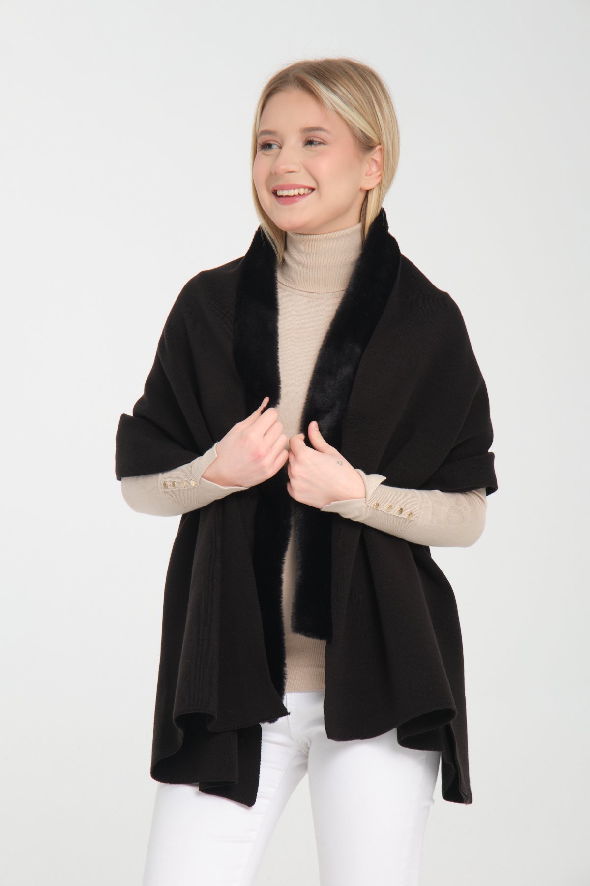 T- Crazy Knitwear Kürk Detaylı Düz Renk Triko Omuz Şalı, Kışlık Yumuşak Dokulu Triko Örme Omuz Şalı