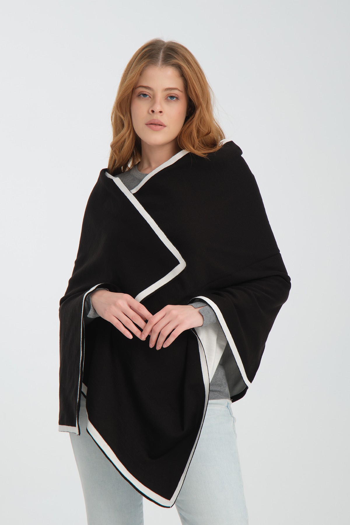T-Crazy Knitwear Şerit Desen Kışlık Triko Şal, Çift Katlı ve Çift Taraflı Triko Örme Omuz Şalı
