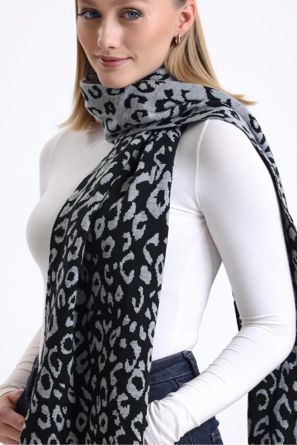 T-Crazy Knitwear Leopar Çift Yüzlü Atkı, Kışlık Yumuşak Dokulu Kaşkol, Triko Örme Atkı