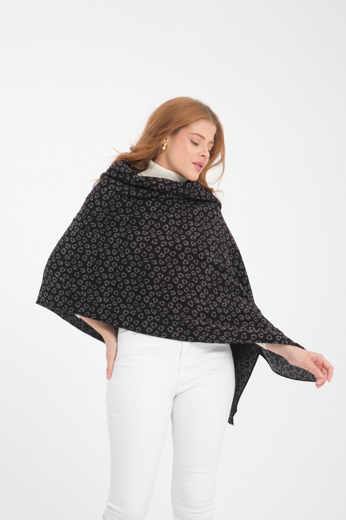 T-Crazy Knitwear Leopar Desen Kışlık Triko Şal, Çift Katlı ve Çift Taraflı Triko Örme Omuz Şalı