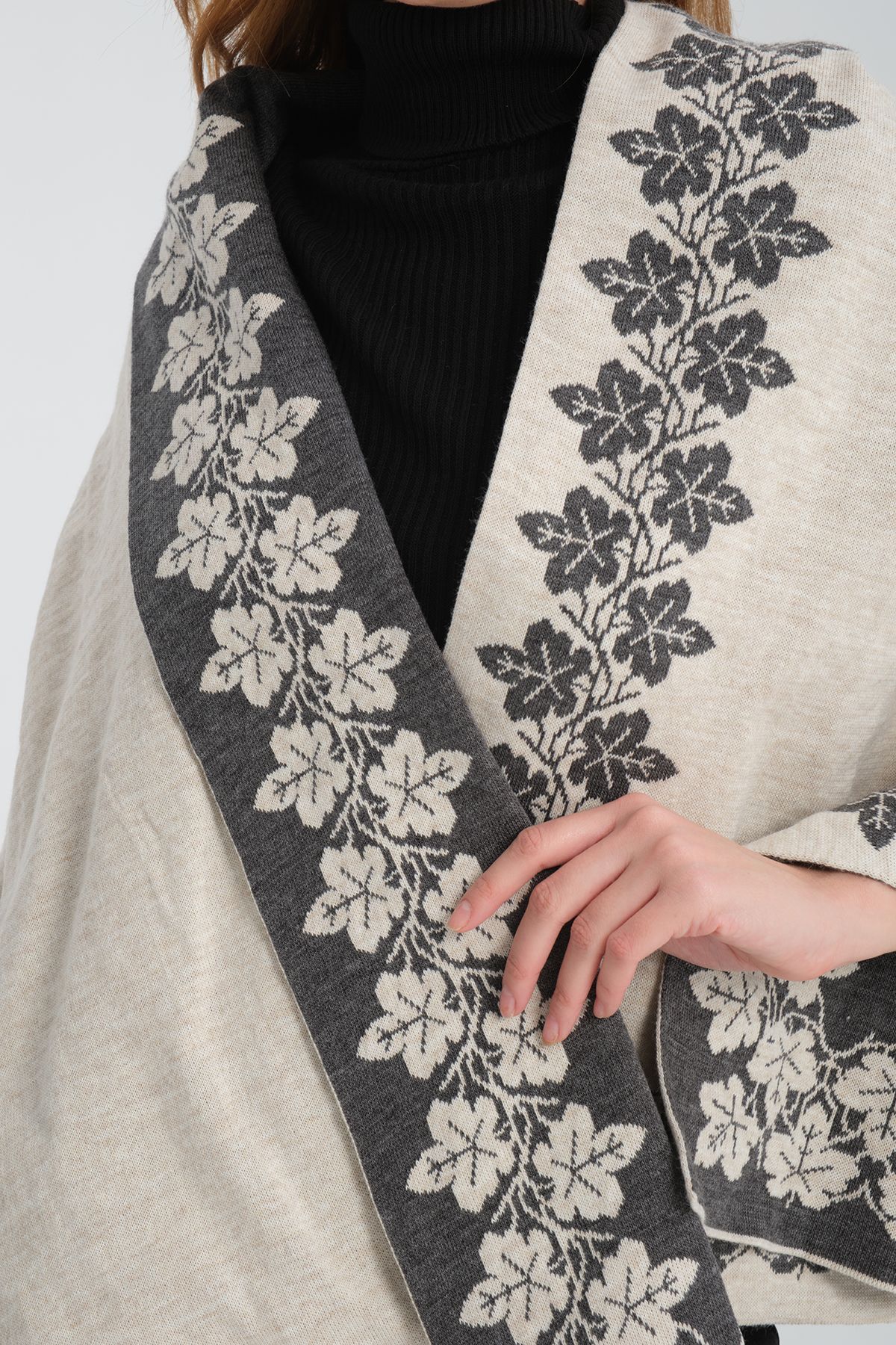T-Crazy Knitwear Sarmaşık Desen Kışlık Triko Şal, Çift Katlı ve Çift Taraflı Triko Örme Omuz Şalı