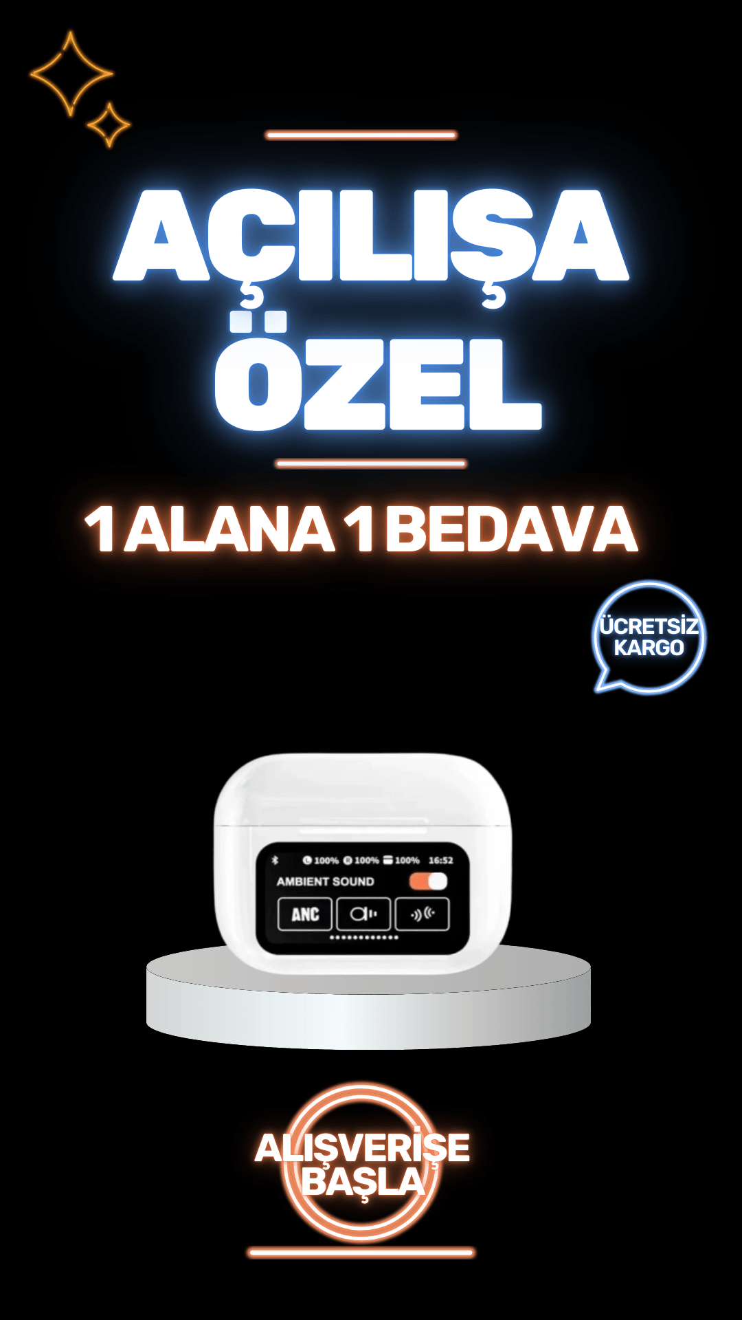 1 ALANA 1 BEDAVA Dokunmatik Ekranlı Air Pro 2 ANC Bluetooth Kulaklık