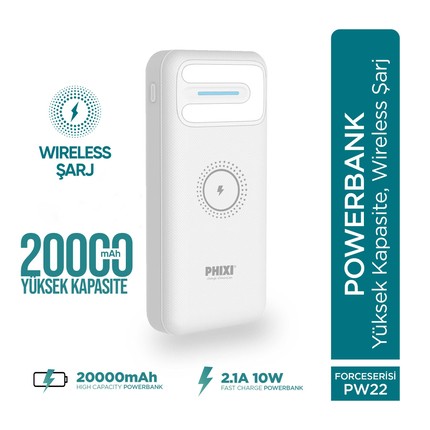 PHİXİ BASİC PW22 20000MAH 10W KABLOSUZ ŞARJ CİHAZI - WİRELESS POWERBANK - LED GÖSTERGE