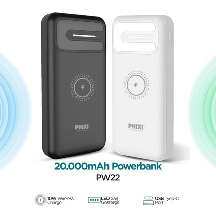 PHİXİ BASİC PW22 20000MAH 10W KABLOSUZ ŞARJ CİHAZI - WİRELESS POWERBANK - LED GÖSTERGE