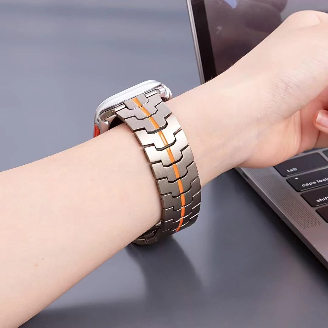 Watch Uyumlu Turuncu Çizgili Beads Loop Çelik Kordon (42-44-45-49-49mm)
