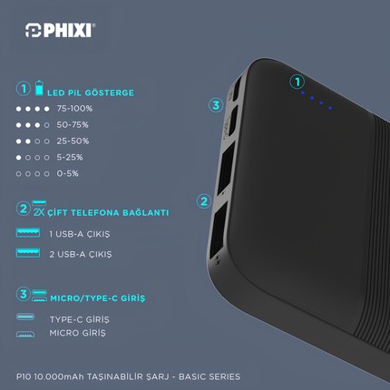 PHİXİ BASİC P10 10000MAH POWERBANK 10W - 2 PORT LED GÖSTERGE - TAŞINABİLİR ŞARJ CİHAZI