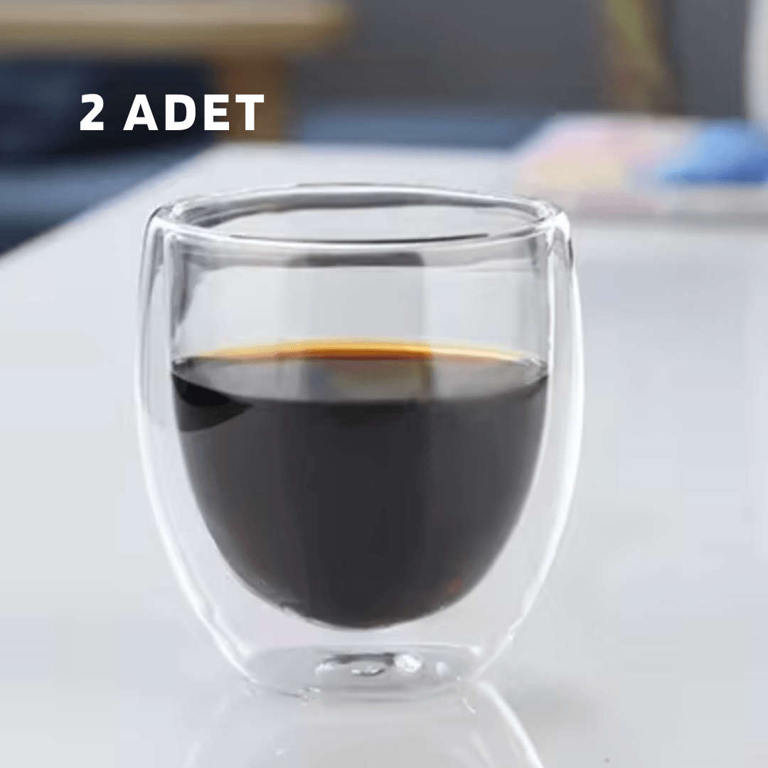 2 Adet - Çift Cidarlı Şeffaf Espresso Cam Bardak 250ml Ofis Ev Kahve