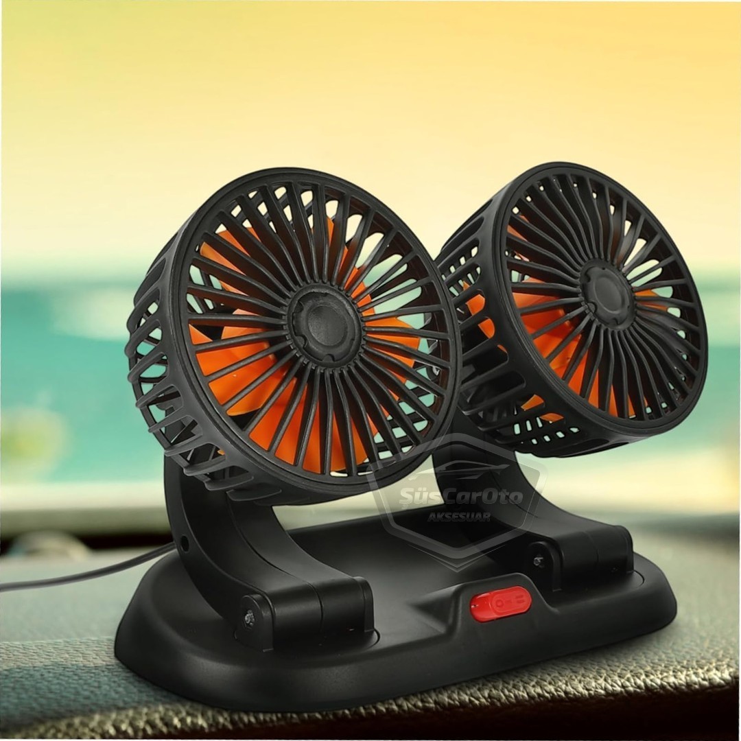 2 Kademeli Çift Başlı 360 ° Dönebilen Araç Fanı 12V USB Girişli Oto Fan Soğutucu Vantilatör