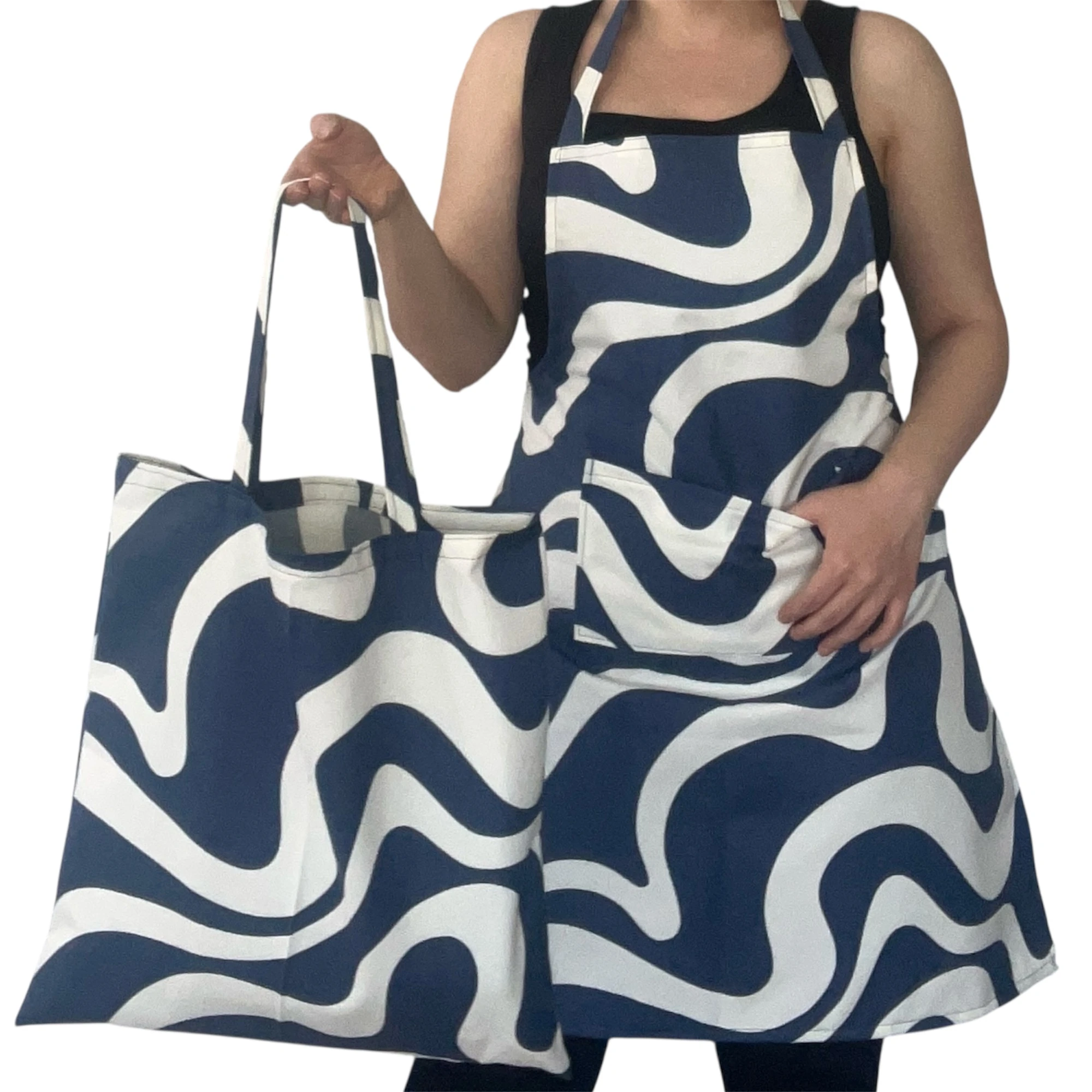 Su İtici Duck Keten Tam Mutfak Önlüğü ve Alışveriş Çantası Seti – El Yapımı, Leke Tutmaz, Renk Seçenekli - Lacivert – Önlük + Çanta Seti