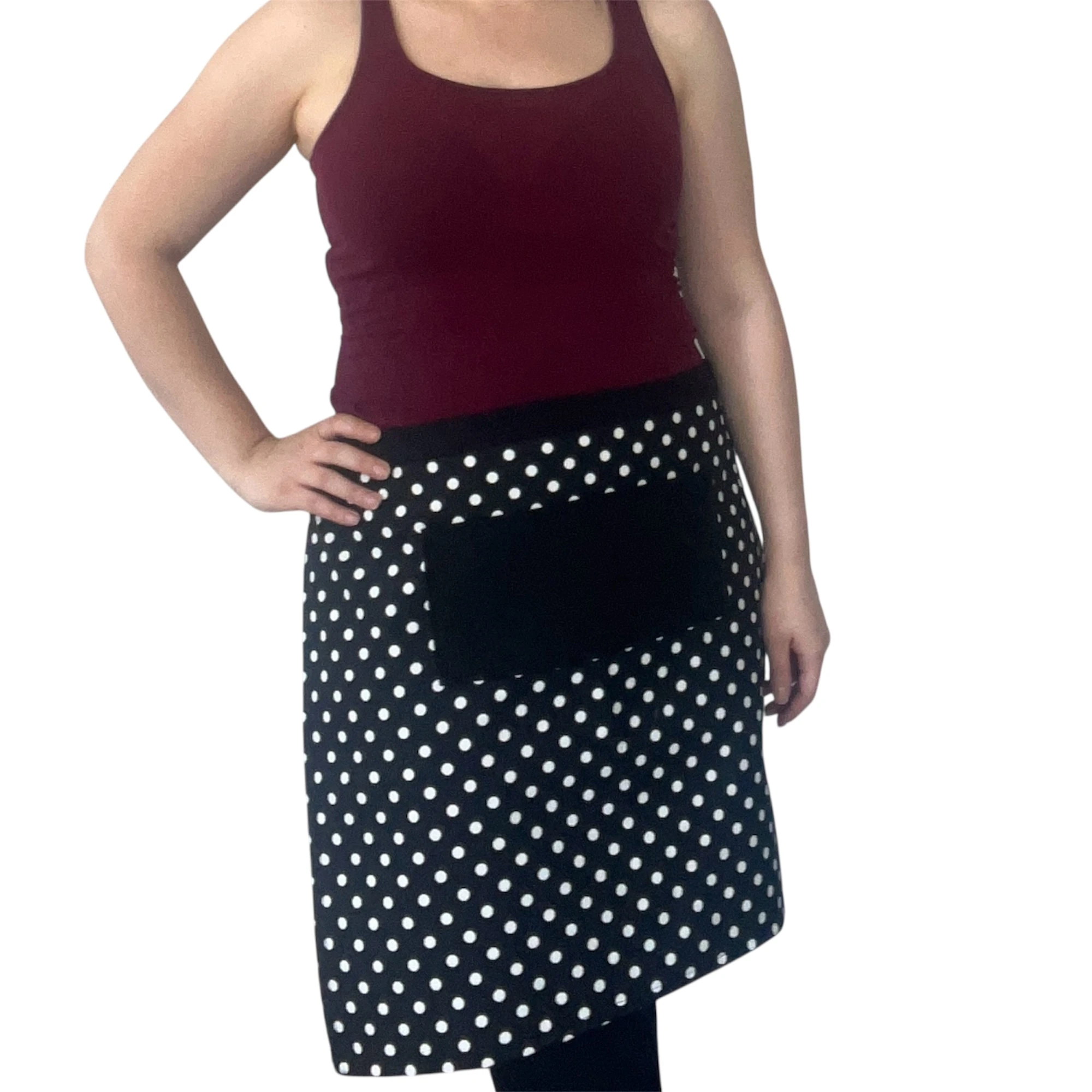 Duck Keten Bel Önlüğü – Cepli Mutfak Önlüğü | Kiraz Desen & Siyah Puantiye | Şık Dayanıklı El Yapımı Önlük - Siyah – Beyaz Puantiyeli Bel Önlüğü