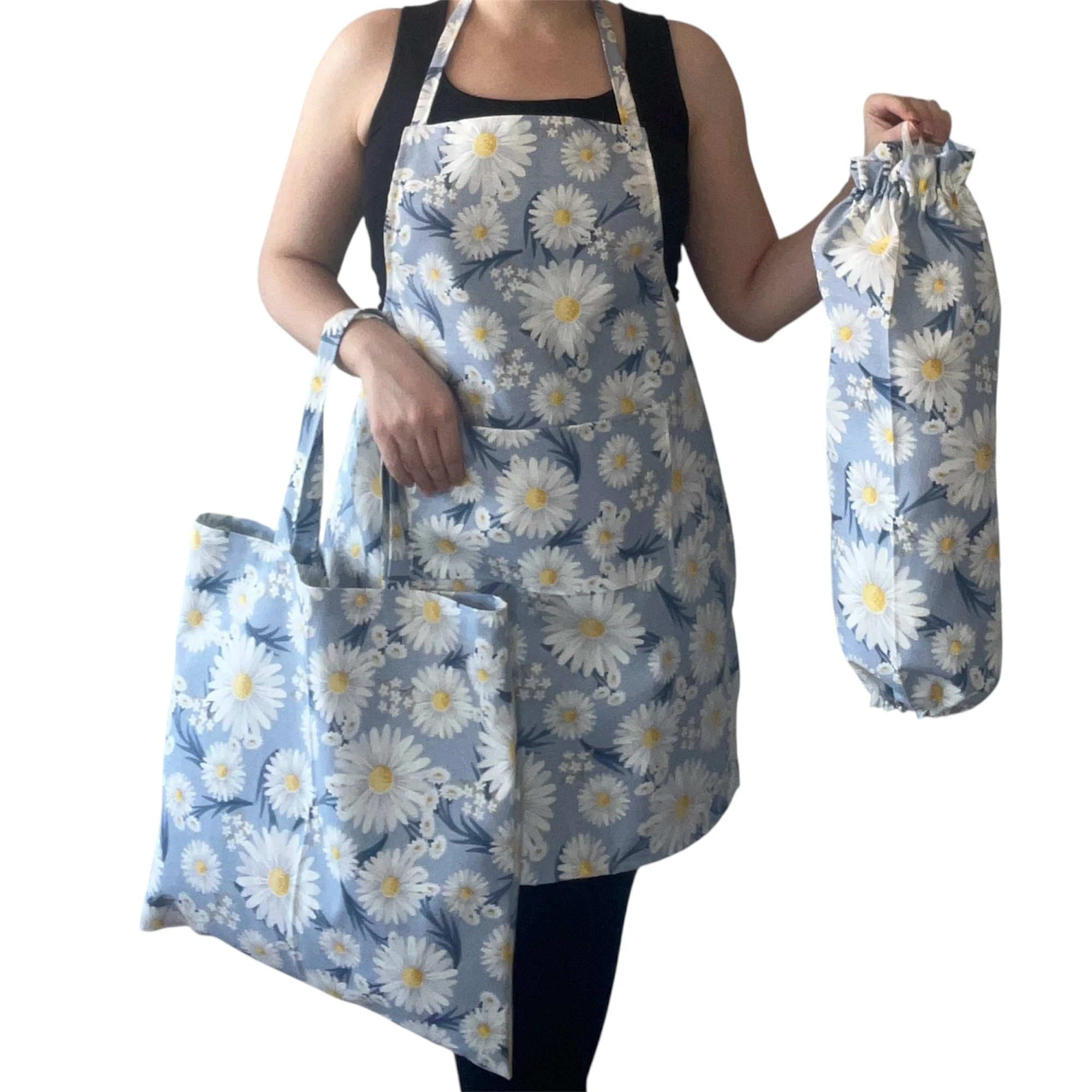 Papatya Desenli Mutfak Önlüğü Seti | Su İtici Duck Keten | Önlük / Önlük + Çanta + Poşetlik - Mavi Papatya – 3’lü Set