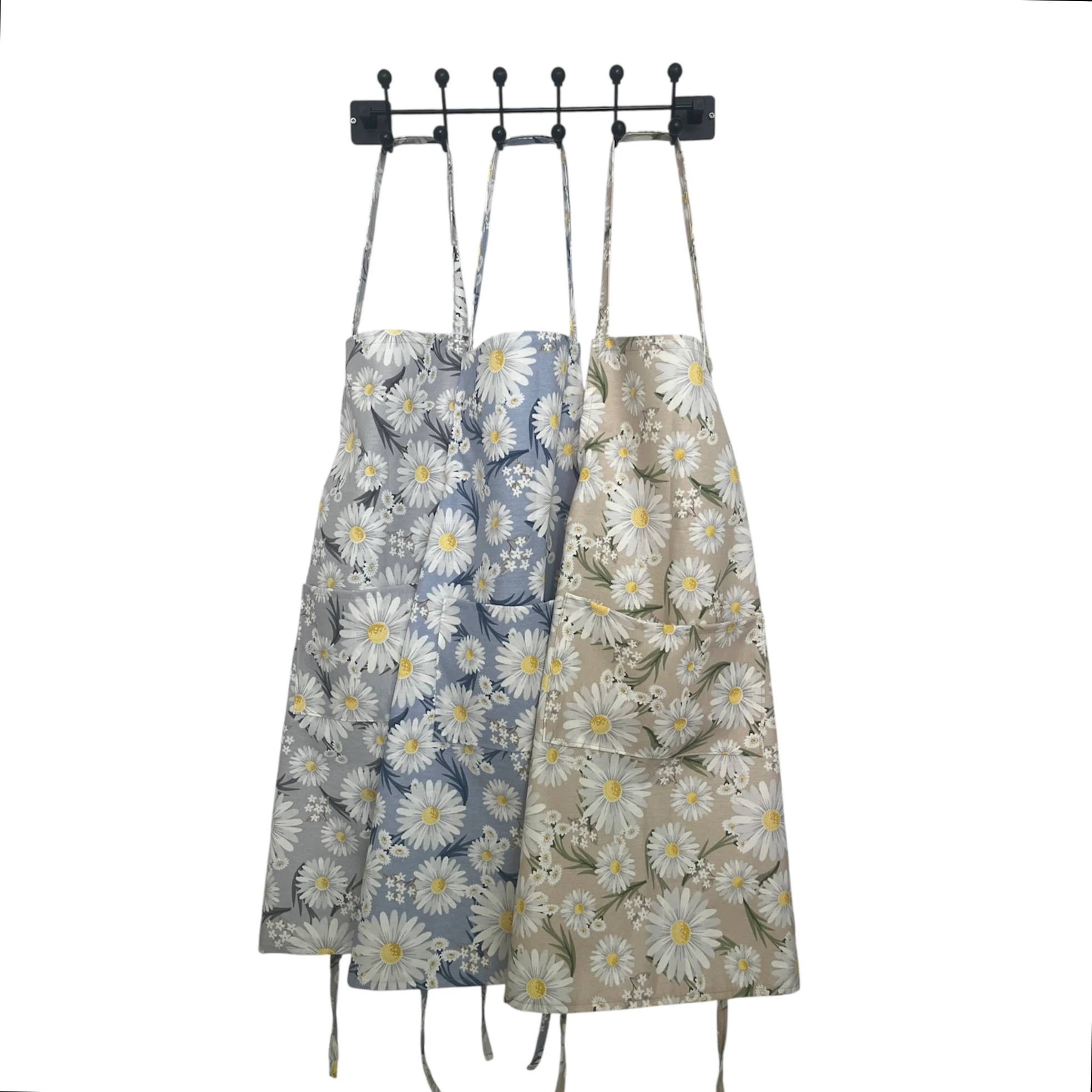 Papatya Desenli Mutfak Önlüğü Seti | Su İtici Duck Keten | Önlük / Önlük + Çanta + Poşetlik - Mavi Papatya – Tek Önlük