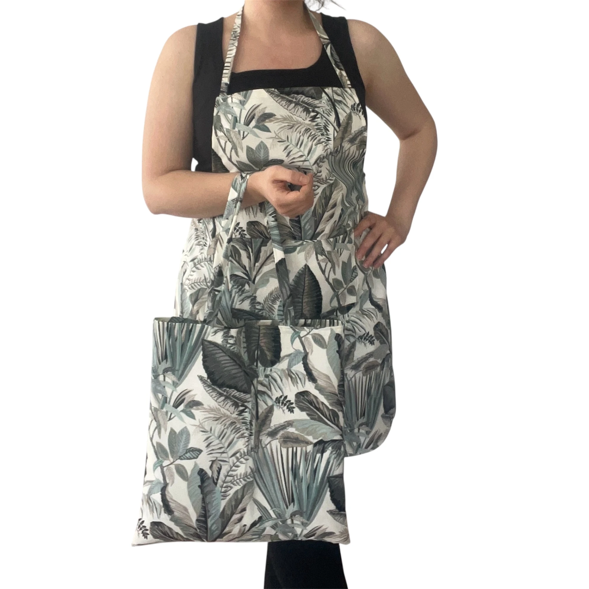 Duck Keten Su İtici Mutfak Önlüğü - Botanik Yaprak – Önlük + Alışveriş Çantası Seti