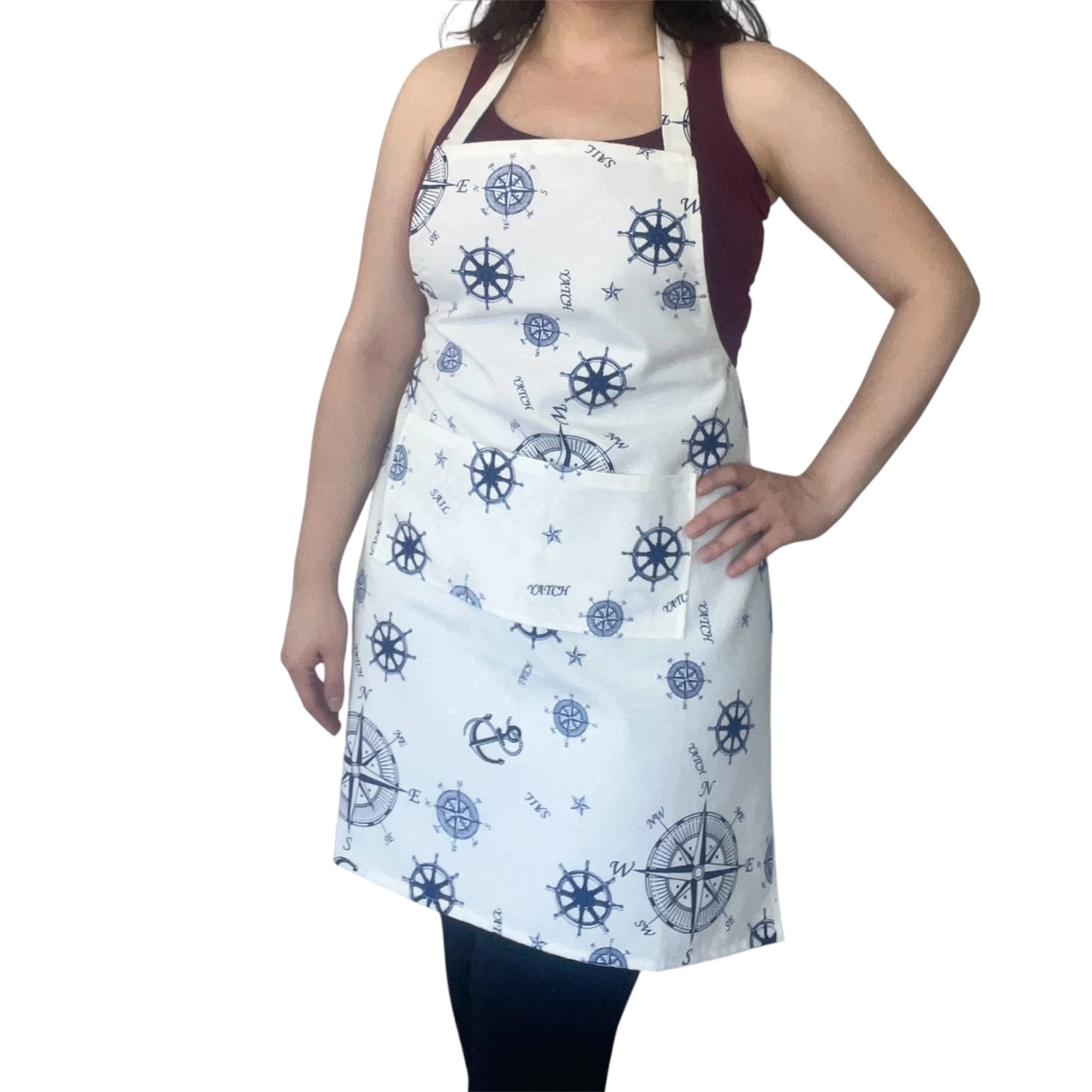 Su İtici Duck Keten Mutfak Önlüğü ve Önlük + Çanta Seti | Leke Tutmaz Kumaş | Deniz Temalı El Yapımı Önlükler - Mavi Beyaz Pusula Önlük – Tek Önlük