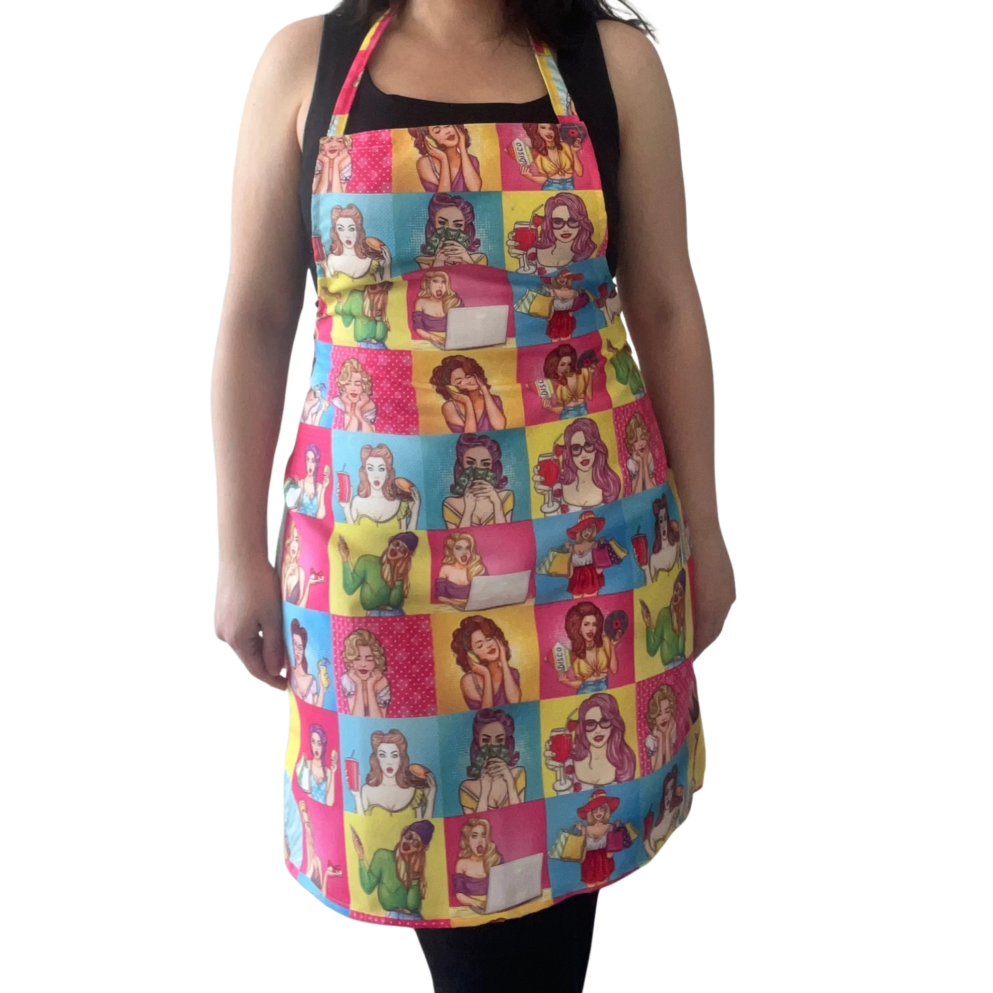 Pop Art Dijital Baskı Tam Mutfak Önlüğü - Renkli Kadınlar Kare Desen