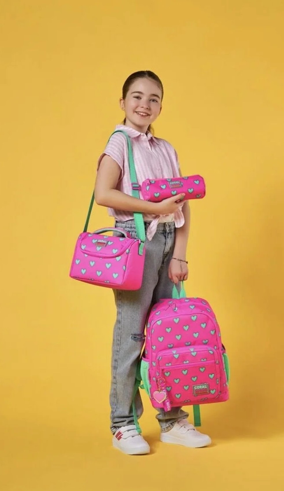 Coral High Kids Pembe Kalp Desenli 3’lü Okul Çanta Set