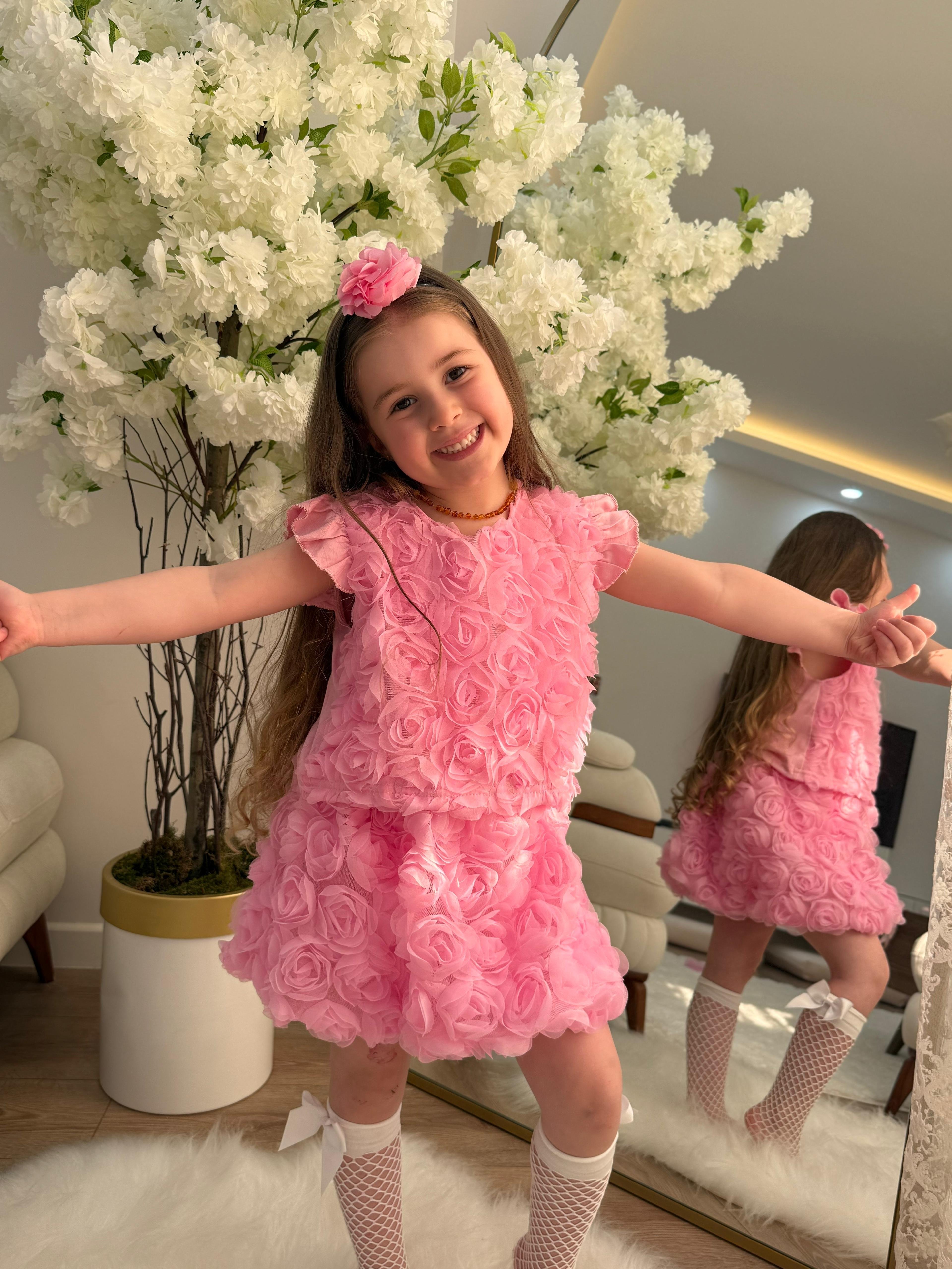 Pembe Gül Detaylı Etekli Takım