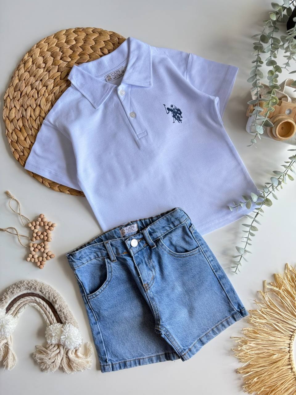 Polo Yaka Denim Şort Takım 