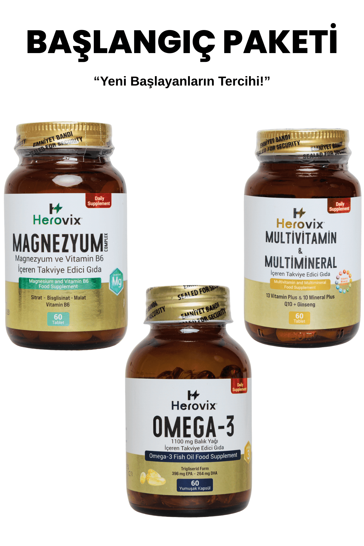 Herovix Sporculara Özel Başlangıç Paketi 3'lü (Omega 3, Magnezyum, Multivitamin)