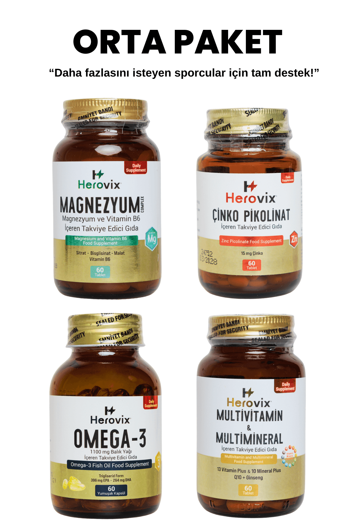 Herovix Sporculara Özel Orta Paket 4'lü (Omega 3, Magnezyum, Multivitamin, Çinko Pikolinat)