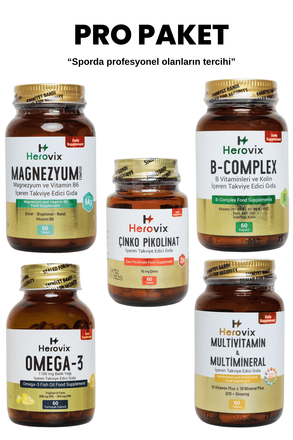 Herovix Sporculara Özel Pro Paket 5'li (Omega 3, Magnezyum, Multivitamin, Çinko Pikolinat, B Complex