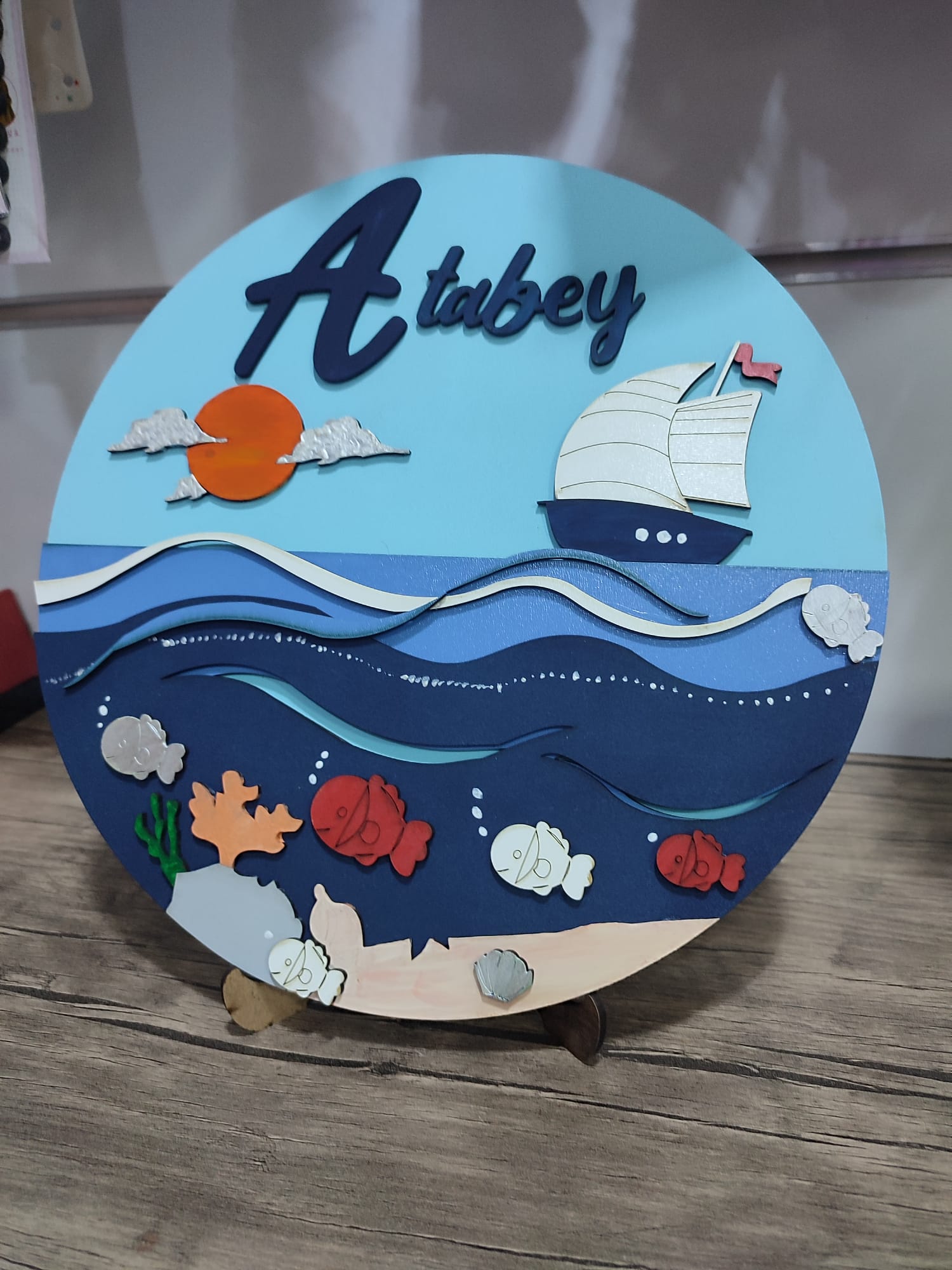 Kişiye Özel Ahşap Deniz Temalı Duvar Süsü (30 cm)