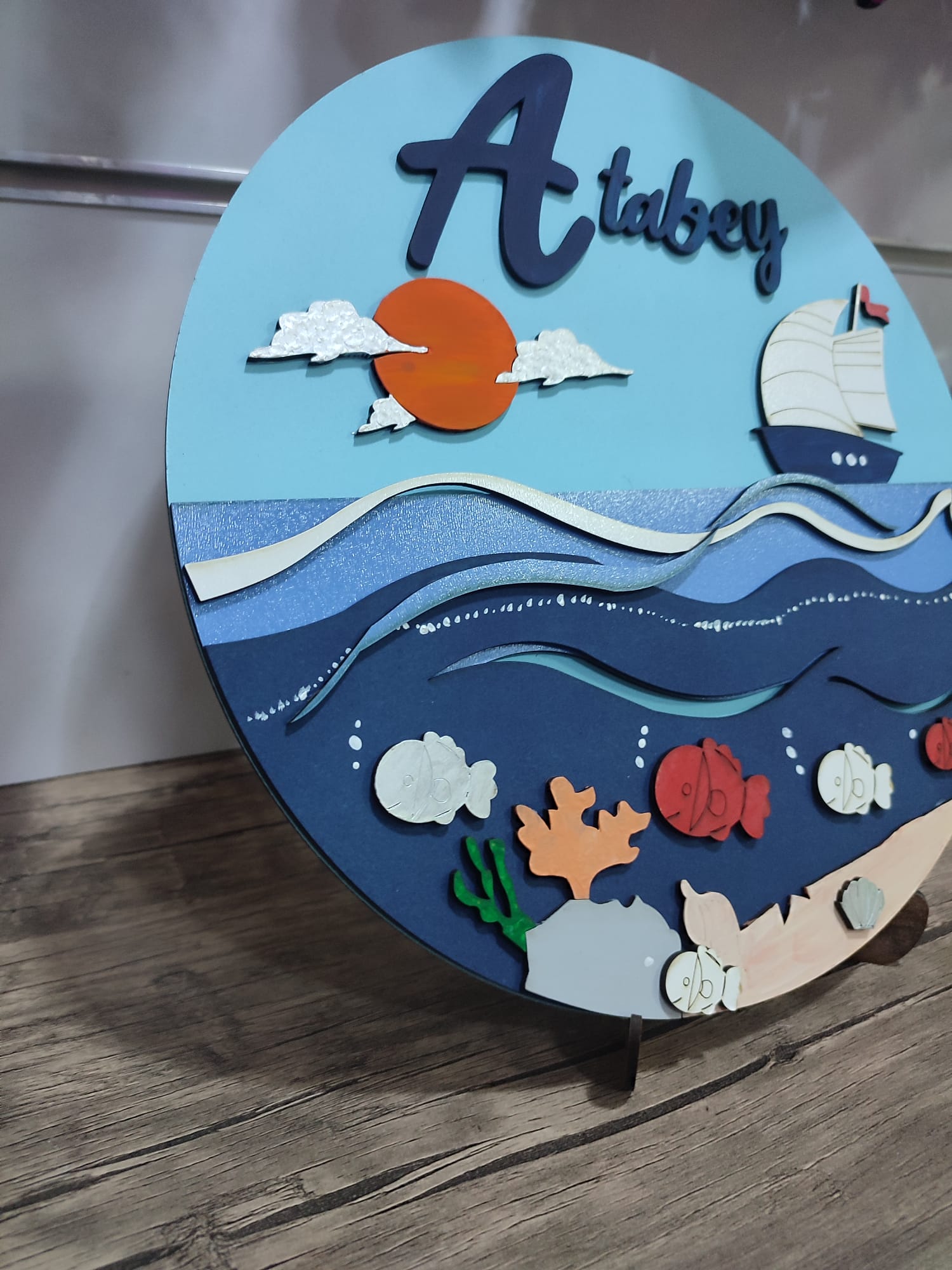 Kişiye Özel Ahşap Deniz Temalı Duvar Süsü (30 cm)