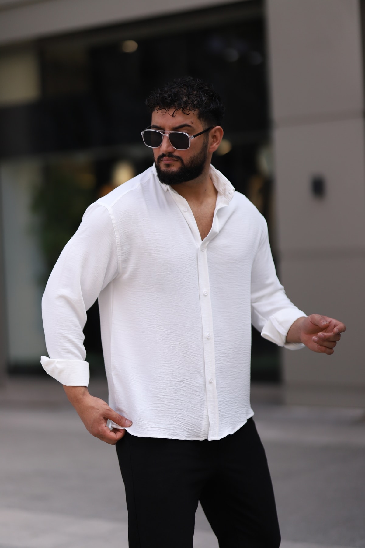 Ayrobin Uzun Kollu Esnek Likralı Rahat Yarım Oversize Erkek Gömlek